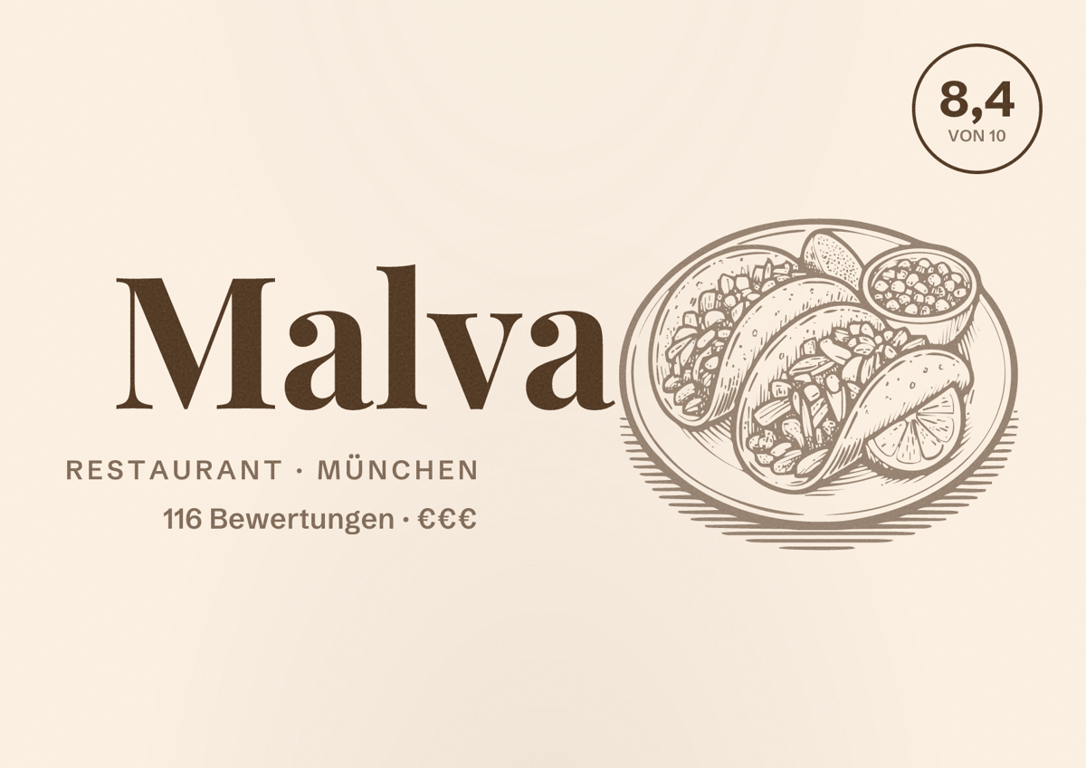 Illustriertes Poster von Malva, Restaurant in München: Bewertung 8,4 von 10 aus 116 Bewertungen, Preisniveau €€€