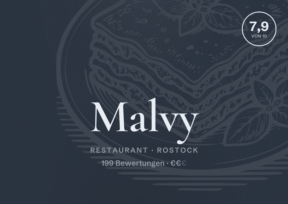Illustriertes Poster von Malvy, Restaurant in Rostock: Bewertung 7,9 von 10 aus 199 Bewertungen, Preisniveau €€