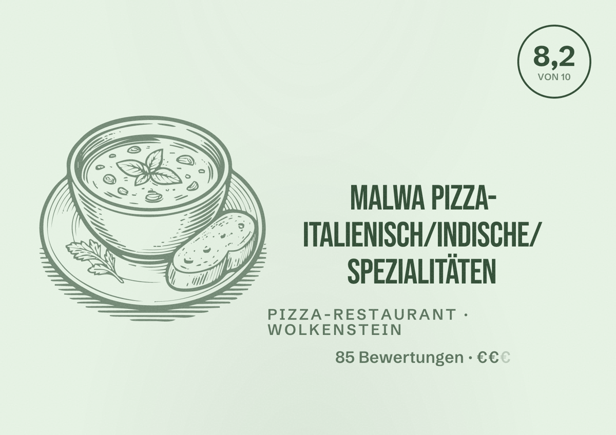 Illustriertes Poster von Malwa Pizza- Italienisch/Indische/ Spezialitäten, Pizza-Restaurant in Wolkenstein: Bewertung 8,2 von 10 aus 85 Bewertungen, Preisniveau €€