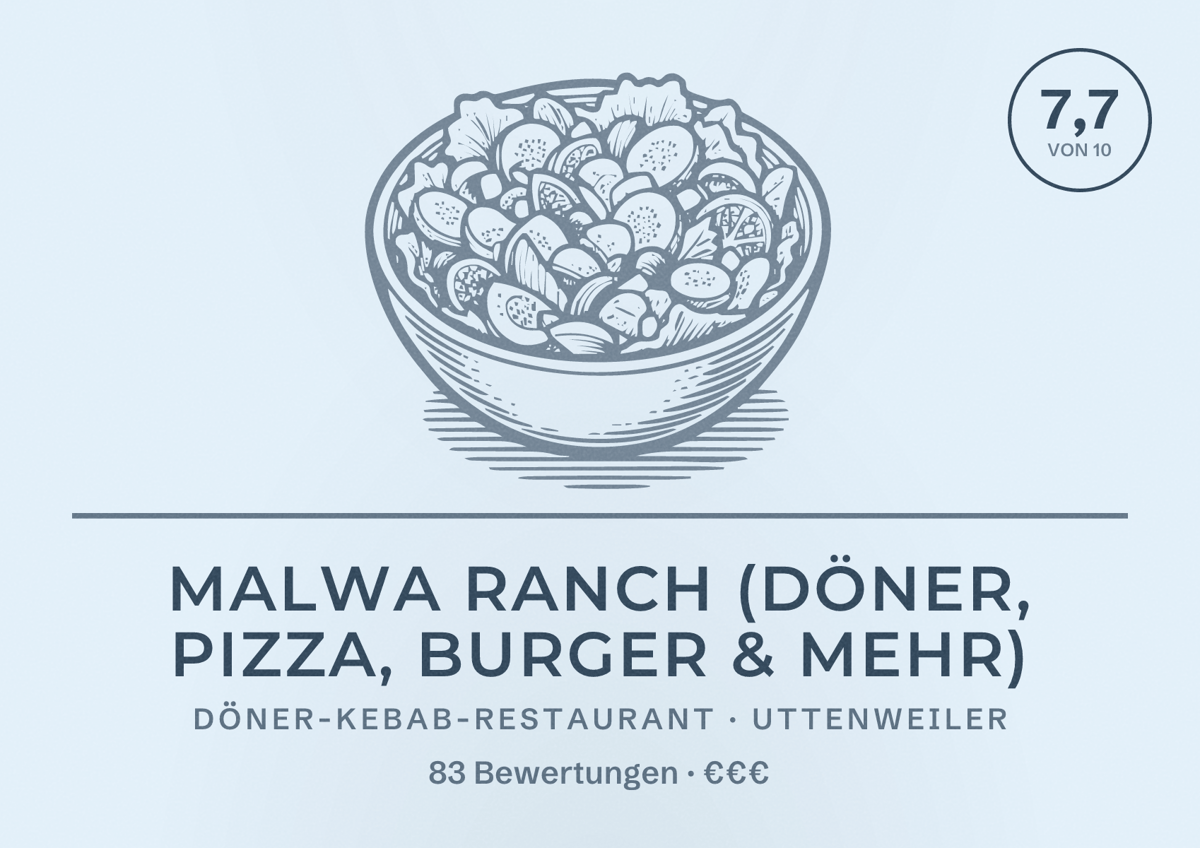 Illustriertes Poster von MALWA RANCH (Döner, Pizza, Burger & mehr), Döner-Kebab-Restaurant in Uttenweiler: Bewertung 7,7 von 10 aus 83 Bewertungen, Preisniveau €€€