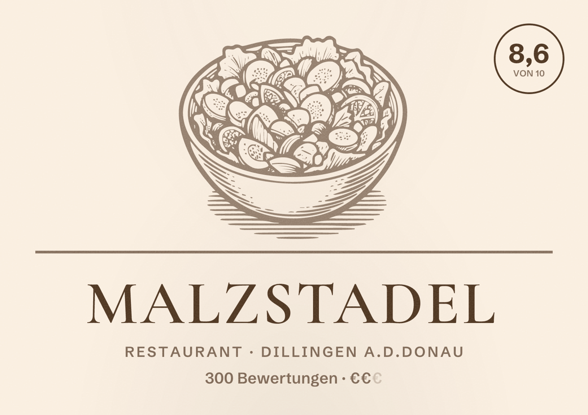 Illustriertes Poster von Malzstadel, Restaurant in Dillingen a.d.Donau: Bewertung 8,6 von 10 aus 300 Bewertungen, Preisniveau €€