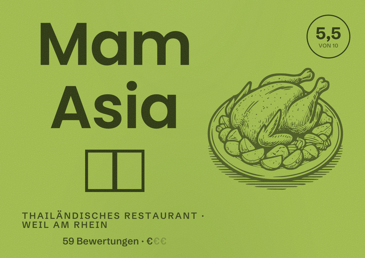 Illustriertes Poster von Mam Asia 🥡🥢, Thailändisches Restaurant in Weil am Rhein: Bewertung 5,5 von 10 aus 59 Bewertungen, Preisniveau €