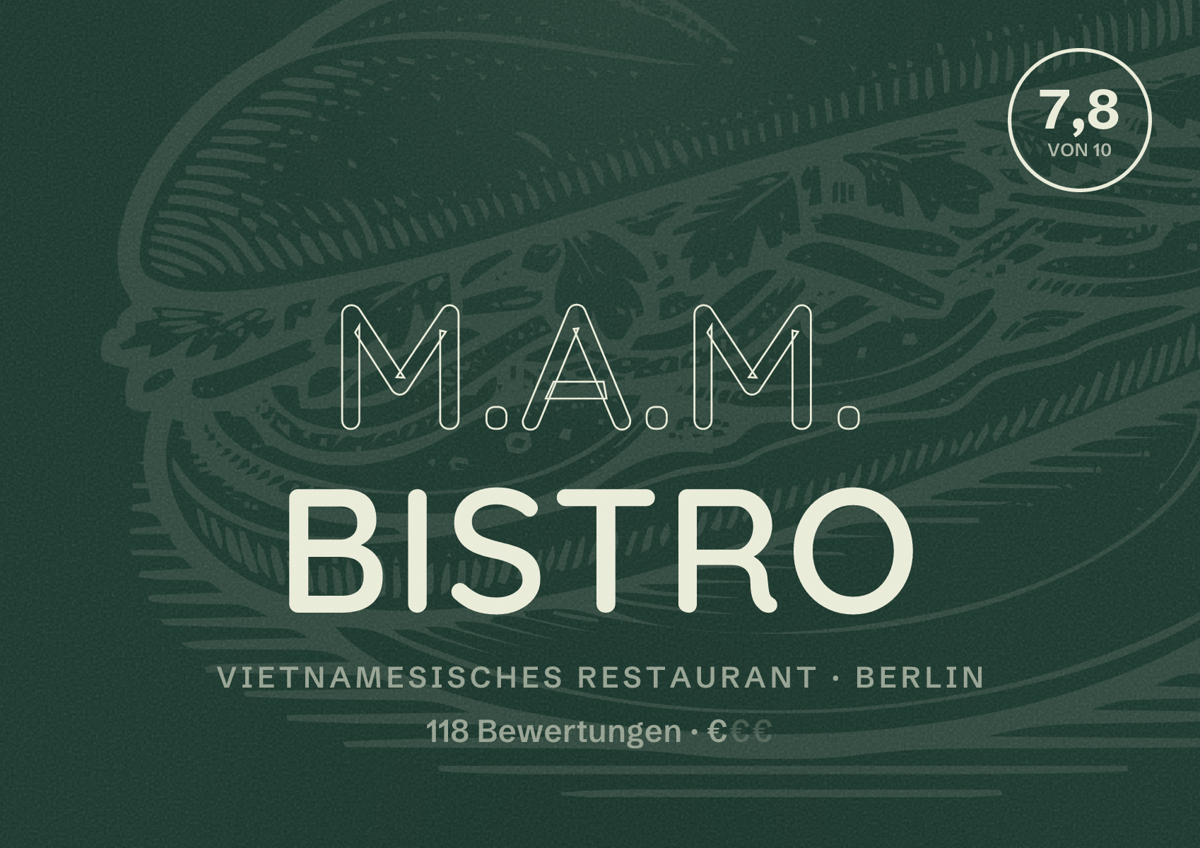 Illustriertes Poster von M.A.M. Bistro, Vietnamesisches Restaurant in Berlin: Bewertung 7,8 von 10 aus 118 Bewertungen, Preisniveau €