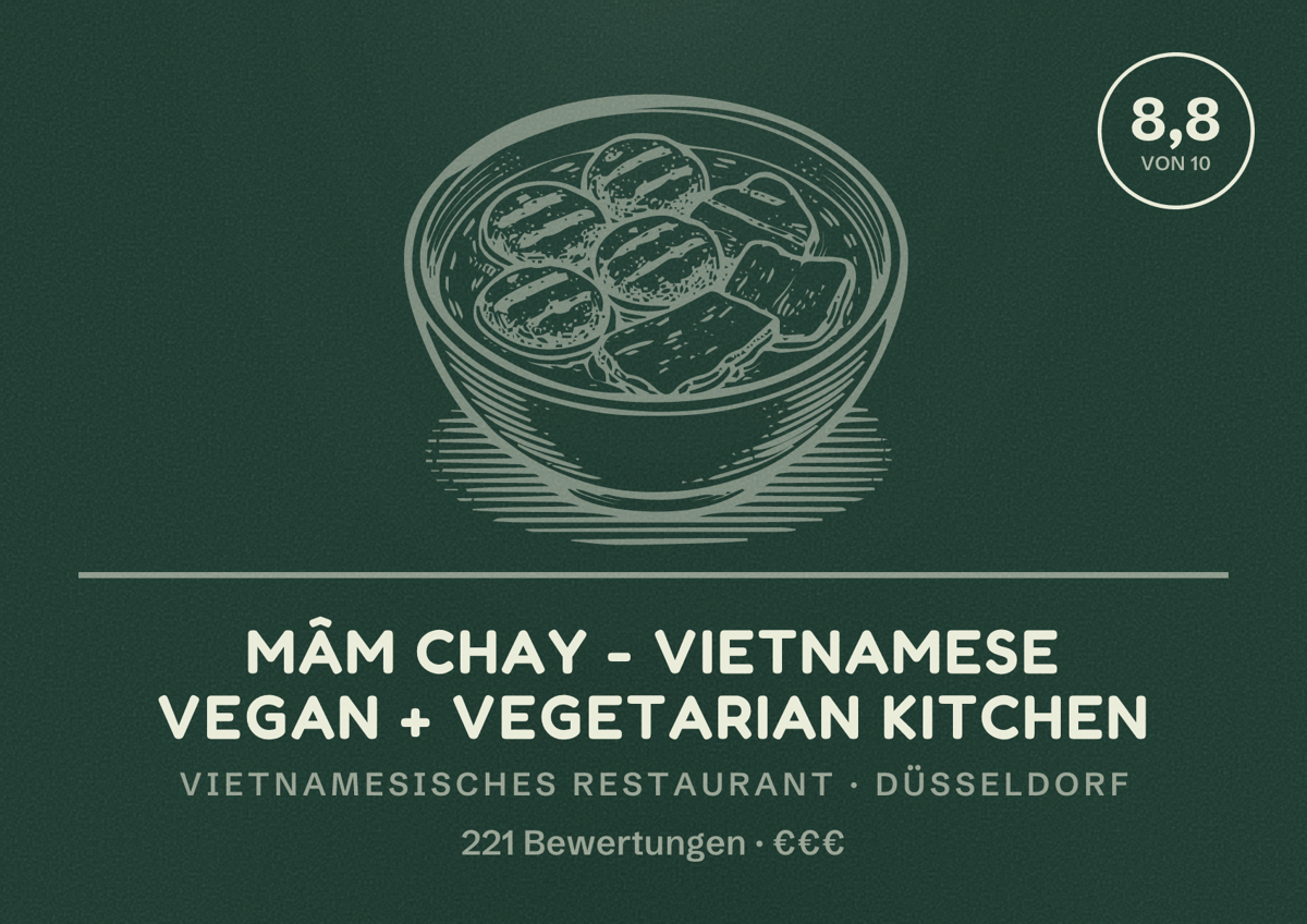 Illustriertes Poster von Mâm Chay - Vietnamese Vegan + Vegetarian Kitchen, Vietnamesisches Restaurant in Düsseldorf: Bewertung 8,8 von 10 aus 221 Bewertungen, Preisniveau €€€