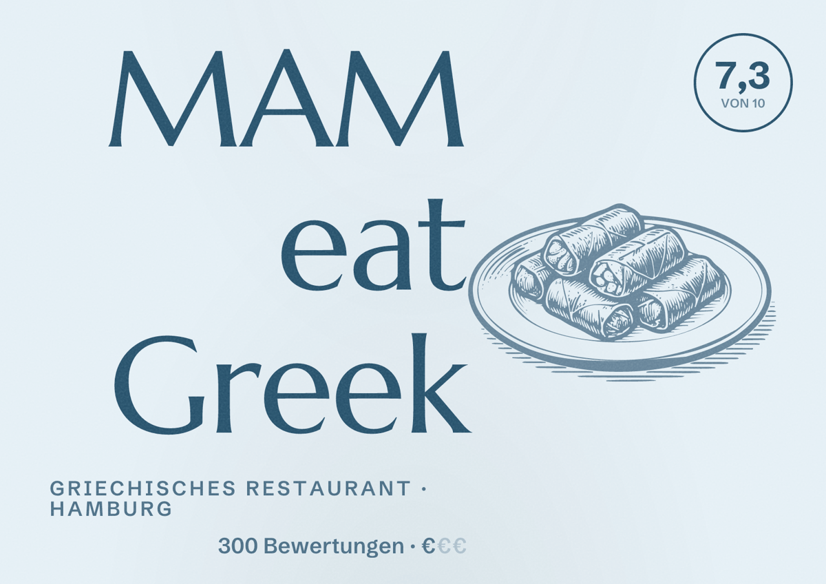Illustriertes Poster von MAM eat Greek, Griechisches Restaurant in Hamburg: Bewertung 7,3 von 10 aus 300 Bewertungen, Preisniveau €