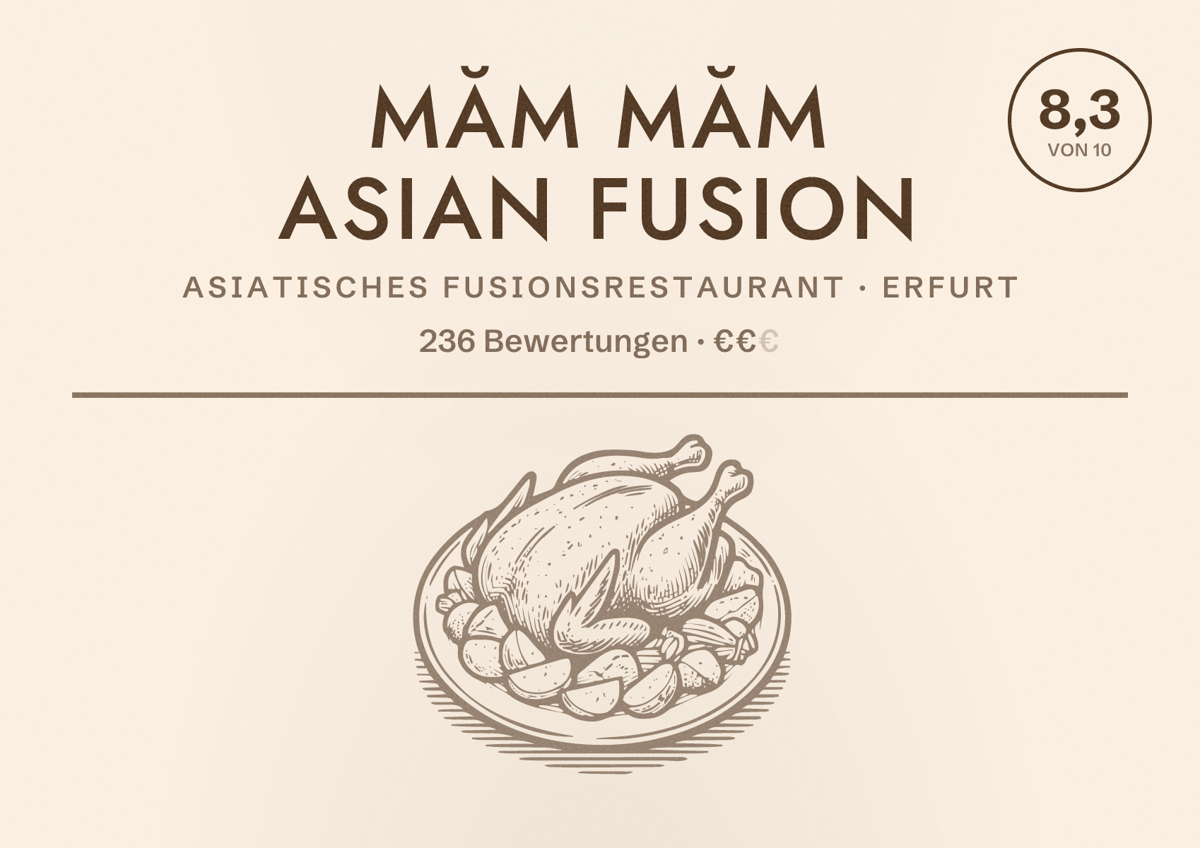 Illustriertes Poster von Măm Măm Asian Fusion, Asiatisches Fusionsrestaurant in Erfurt: Bewertung 8,3 von 10 aus 236 Bewertungen, Preisniveau €€