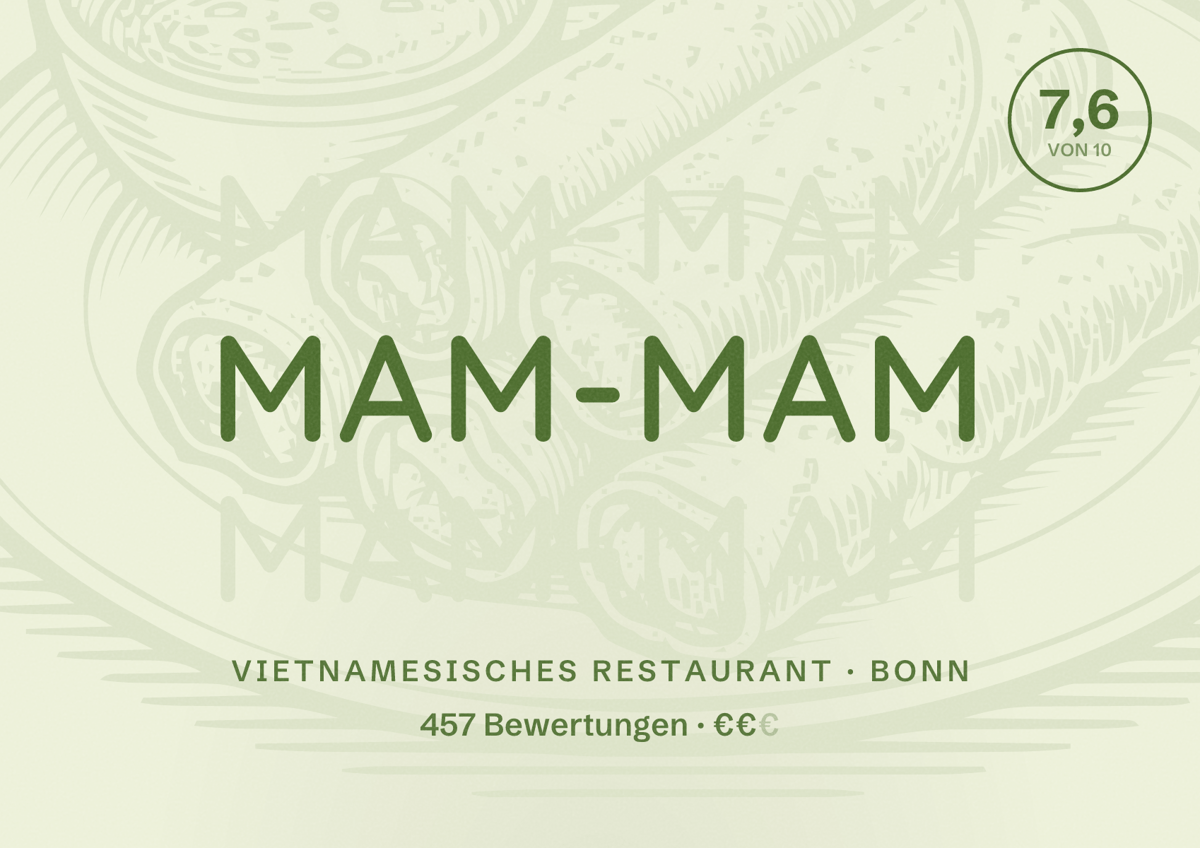 Illustriertes Poster von Mam-Mam, Vietnamesisches Restaurant in Bonn: Bewertung 7,6 von 10 aus 457 Bewertungen, Preisniveau €€