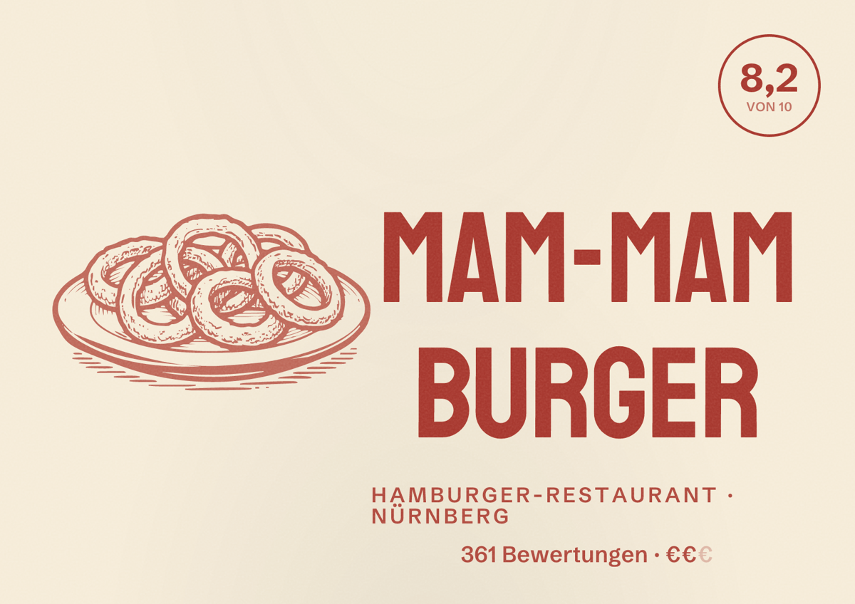 Illustriertes Poster von Mam-Mam Burger, Hamburger-Restaurant in Nürnberg: Bewertung 8,2 von 10 aus 361 Bewertungen, Preisniveau €€