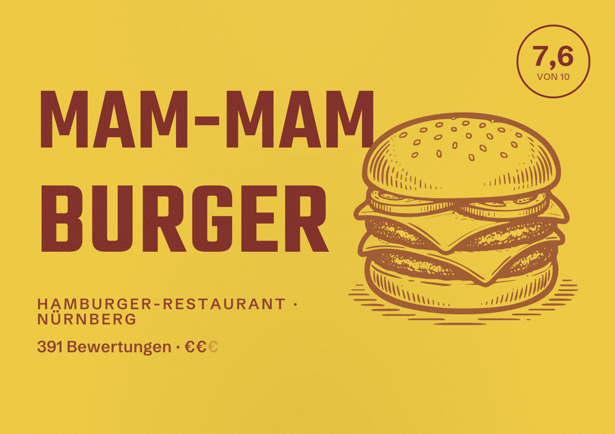 Illustriertes Poster von Mam-Mam Burger, Hamburger-Restaurant in Nürnberg: Bewertung 7,6 von 10 aus 391 Bewertungen, Preisniveau €€