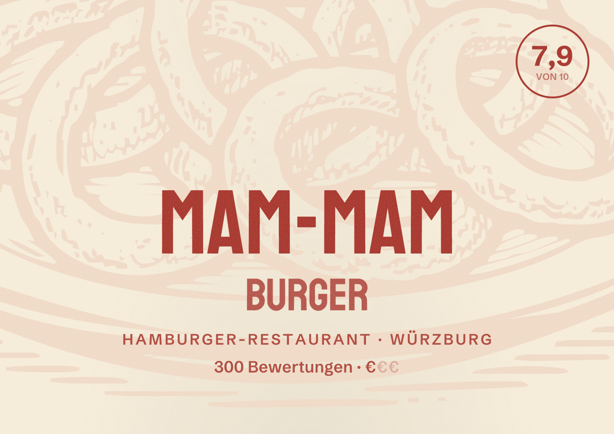 Illustriertes Poster von MAM-MAM Burger, Hamburger-Restaurant in Würzburg: Bewertung 7,9 von 10 aus 300 Bewertungen, Preisniveau €