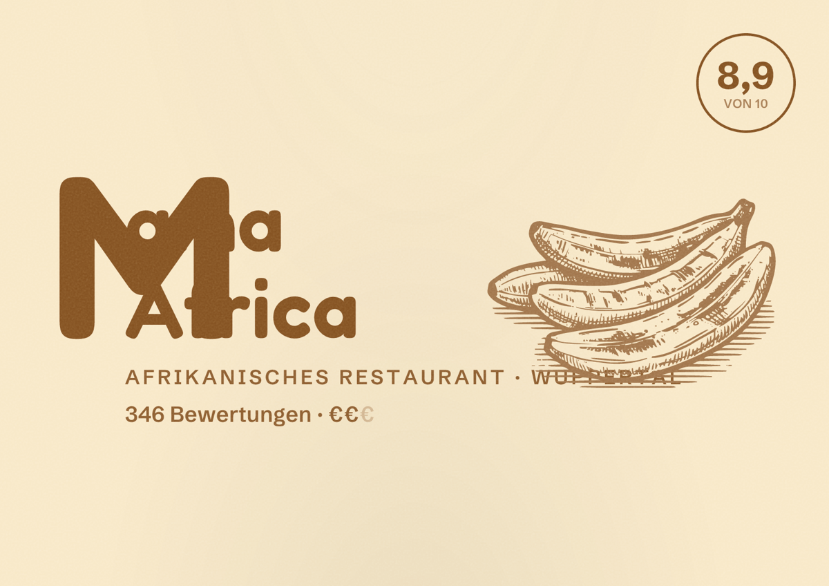Illustriertes Poster von Mama Africa, Afrikanisches Restaurant in Wuppertal: Bewertung 8,9 von 10 aus 346 Bewertungen, Preisniveau €€