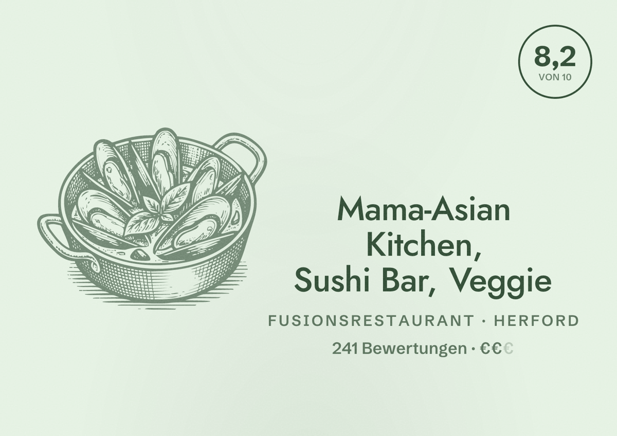 Illustriertes Poster von Mama-Asian Kitchen, Sushi Bar, Veggie, Fusionsrestaurant in Herford: Bewertung 8,2 von 10 aus 241 Bewertungen, Preisniveau €€