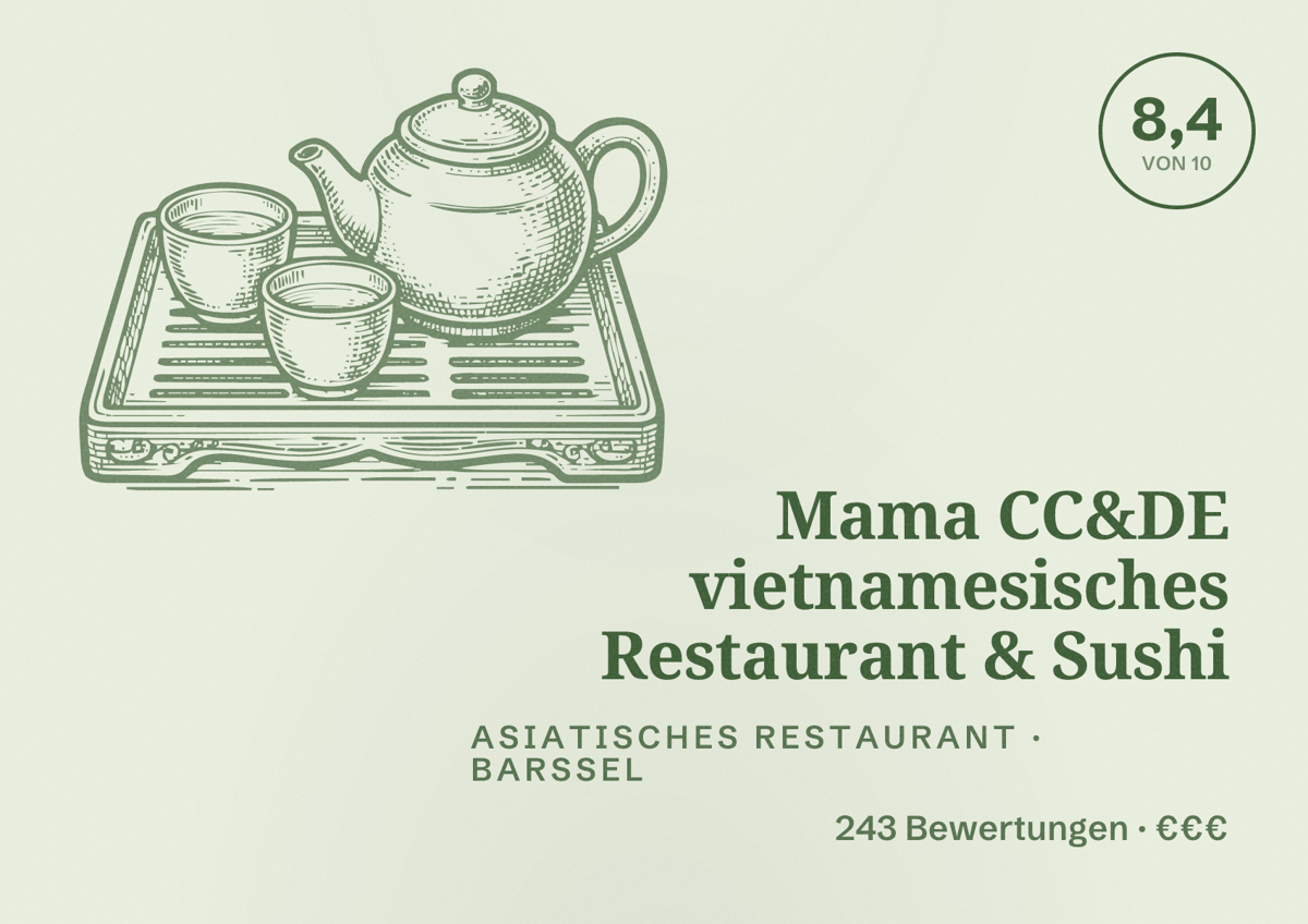 Illustriertes Poster von Mama CC&DE vietnamesisches Restaurant & Sushi, Asiatisches Restaurant in Barßel: Bewertung 8,4 von 10 aus 243 Bewertungen, Preisniveau €€€