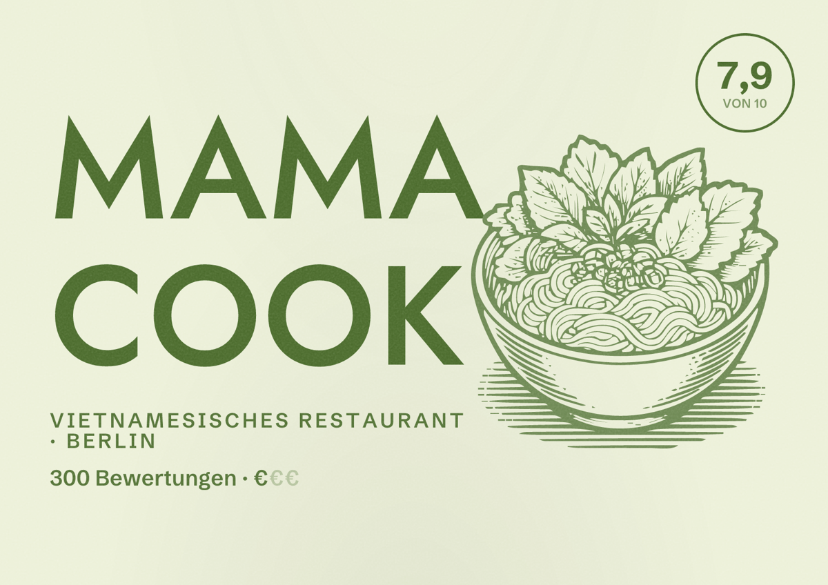 Illustriertes Poster von Mama Cook, Vietnamesisches Restaurant in Berlin: Bewertung 7,9 von 10 aus 300 Bewertungen, Preisniveau €