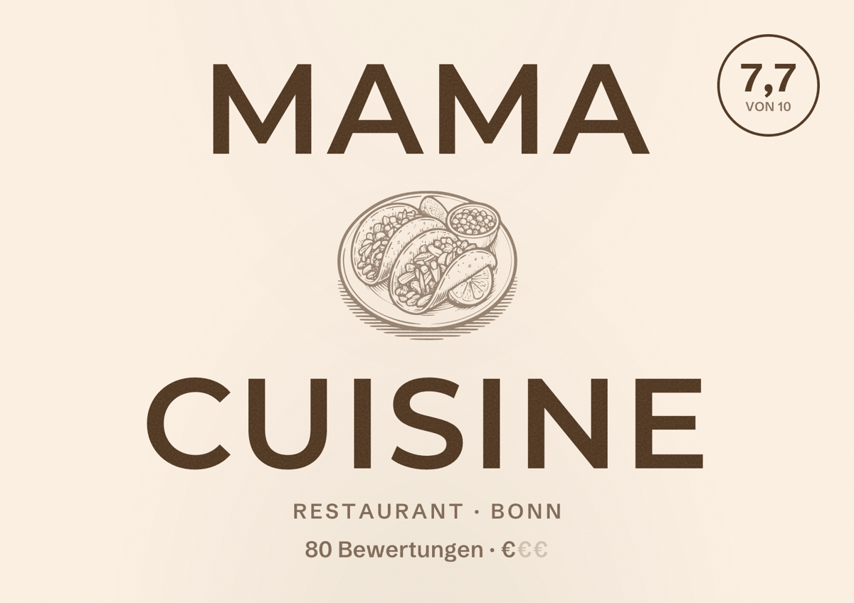 Illustriertes Poster von Mama Cuisine, Restaurant in Bonn: Bewertung 7,7 von 10 aus 80 Bewertungen, Preisniveau €