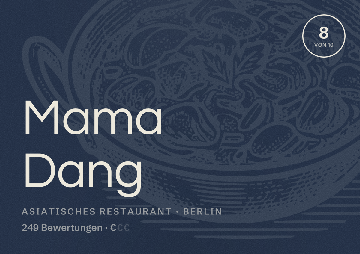 Illustriertes Poster von Mama Dang, Asiatisches Restaurant in Berlin: Bewertung 8 von 10 aus 249 Bewertungen, Preisniveau €