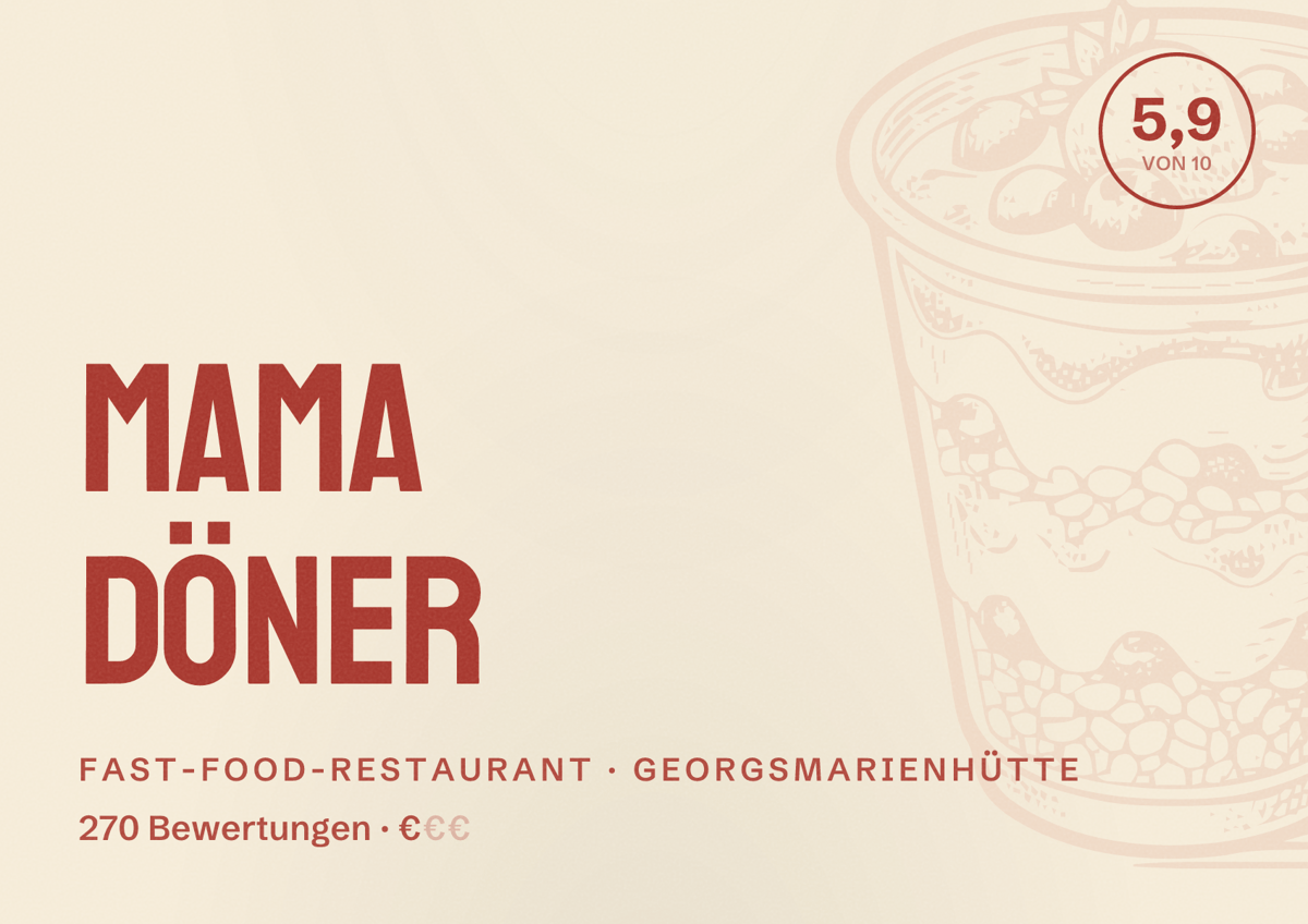Illustriertes Poster von Mama Döner, Fast-Food-Restaurant in Georgsmarienhütte: Bewertung 5,9 von 10 aus 270 Bewertungen, Preisniveau €