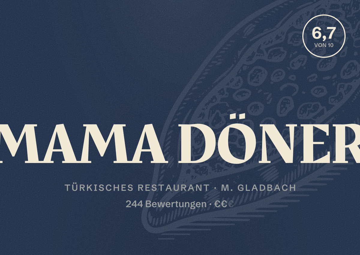 Illustriertes Poster von MAMA DÖNER, Türkisches Restaurant in M. Gladbach: Bewertung 6,7 von 10 aus 244 Bewertungen, Preisniveau €€