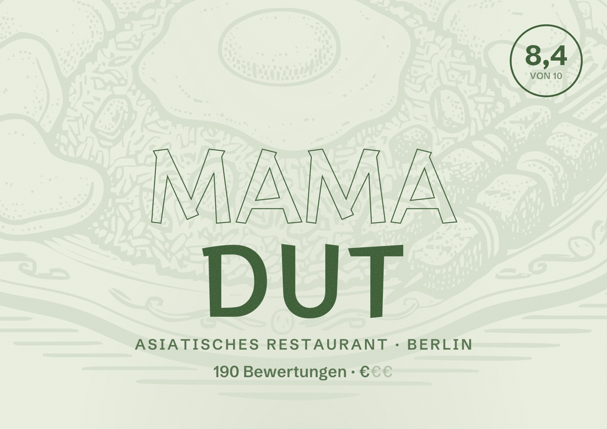 Illustriertes Poster von Mama dut, Asiatisches Restaurant in Berlin: Bewertung 8,4 von 10 aus 190 Bewertungen, Preisniveau €