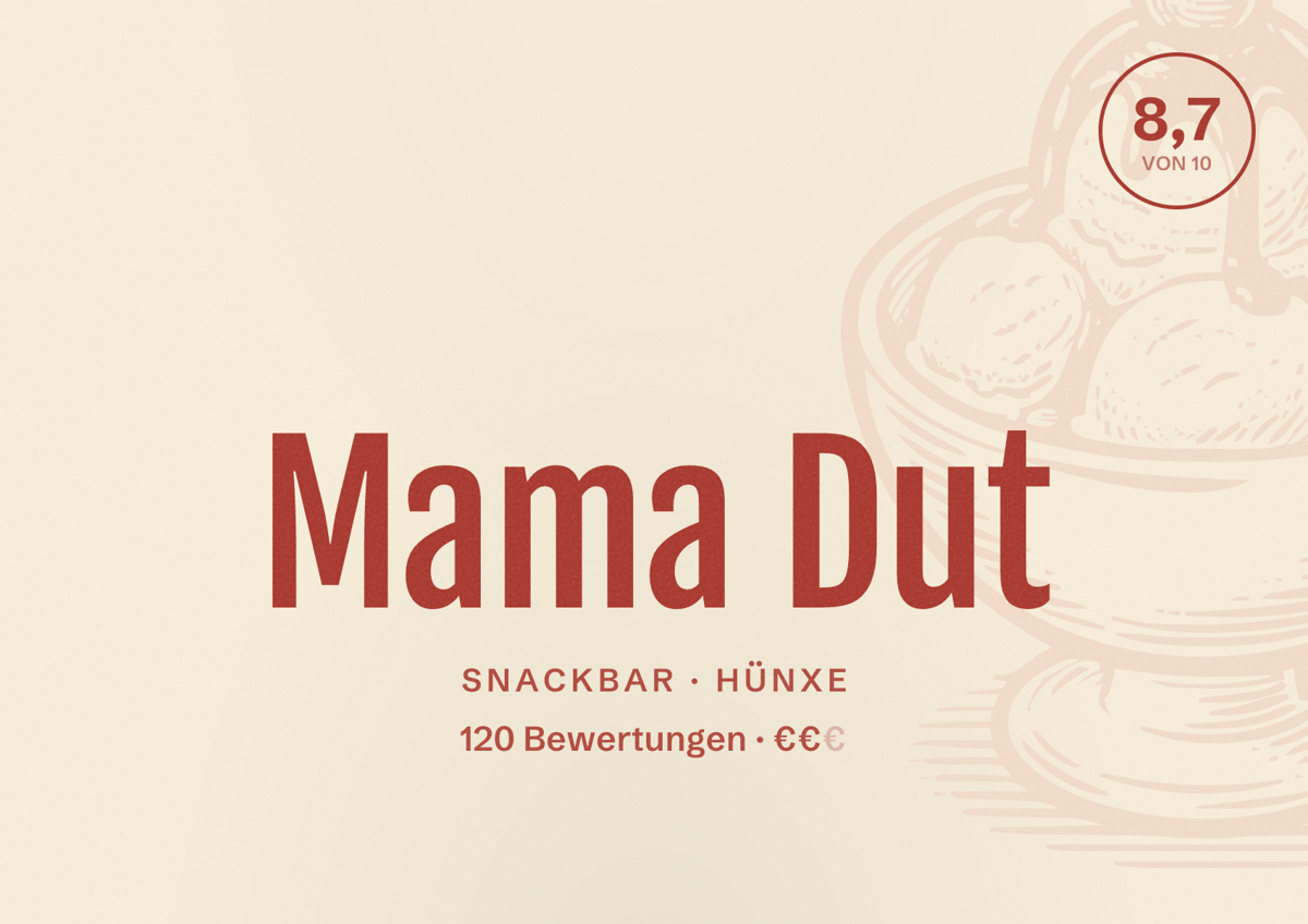 Illustriertes Poster von Mama Dut, Snackbar in Hünxe: Bewertung 8,7 von 10 aus 120 Bewertungen, Preisniveau €€