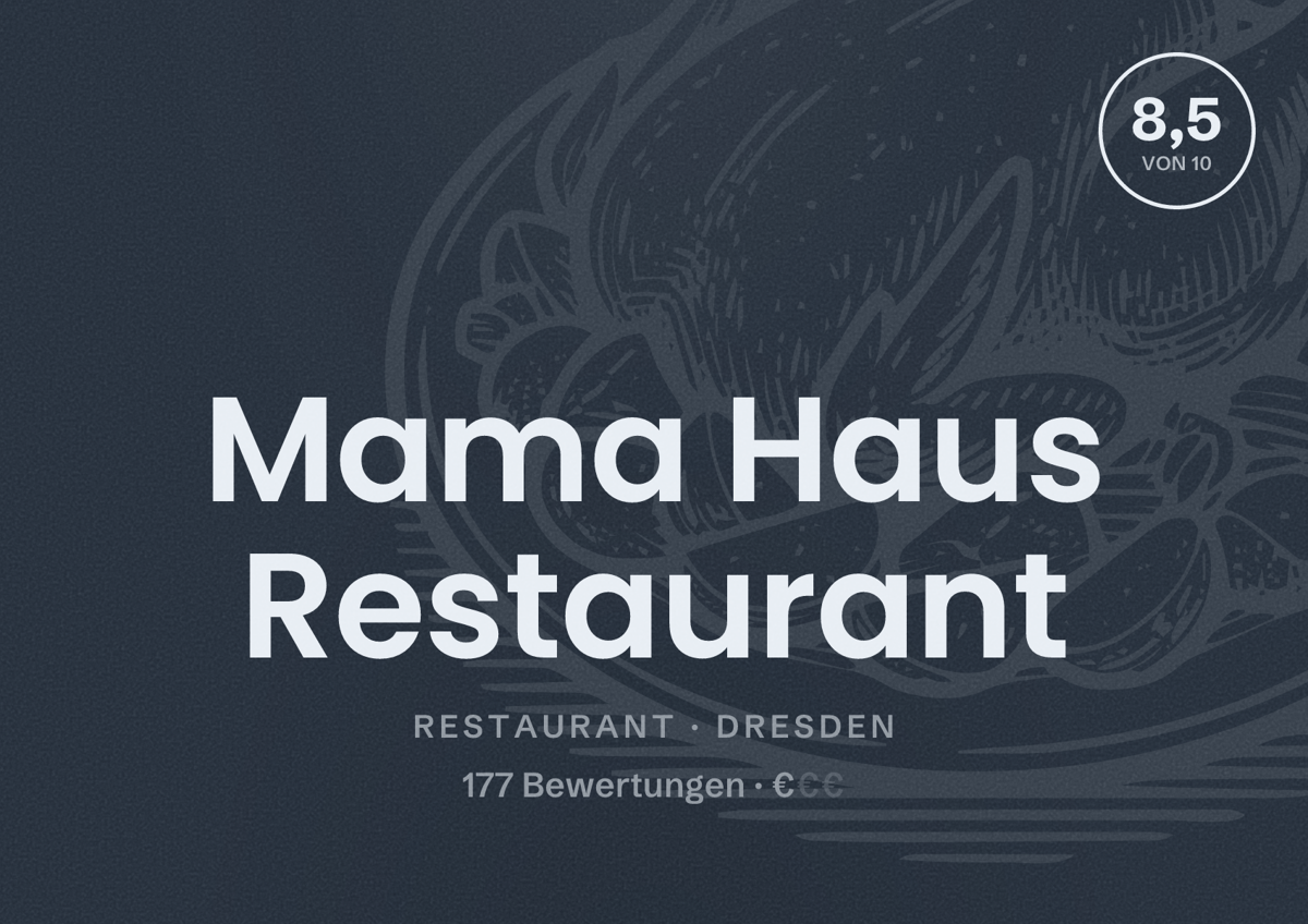 Illustriertes Poster von Mama Haus Restaurant, Restaurant in Dresden: Bewertung 8,5 von 10 aus 177 Bewertungen, Preisniveau €