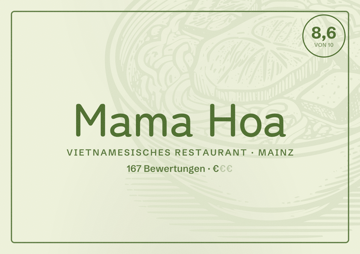 Illustriertes Poster von Mama Hoa, Vietnamesisches Restaurant in Mainz: Bewertung 8,6 von 10 aus 167 Bewertungen, Preisniveau €