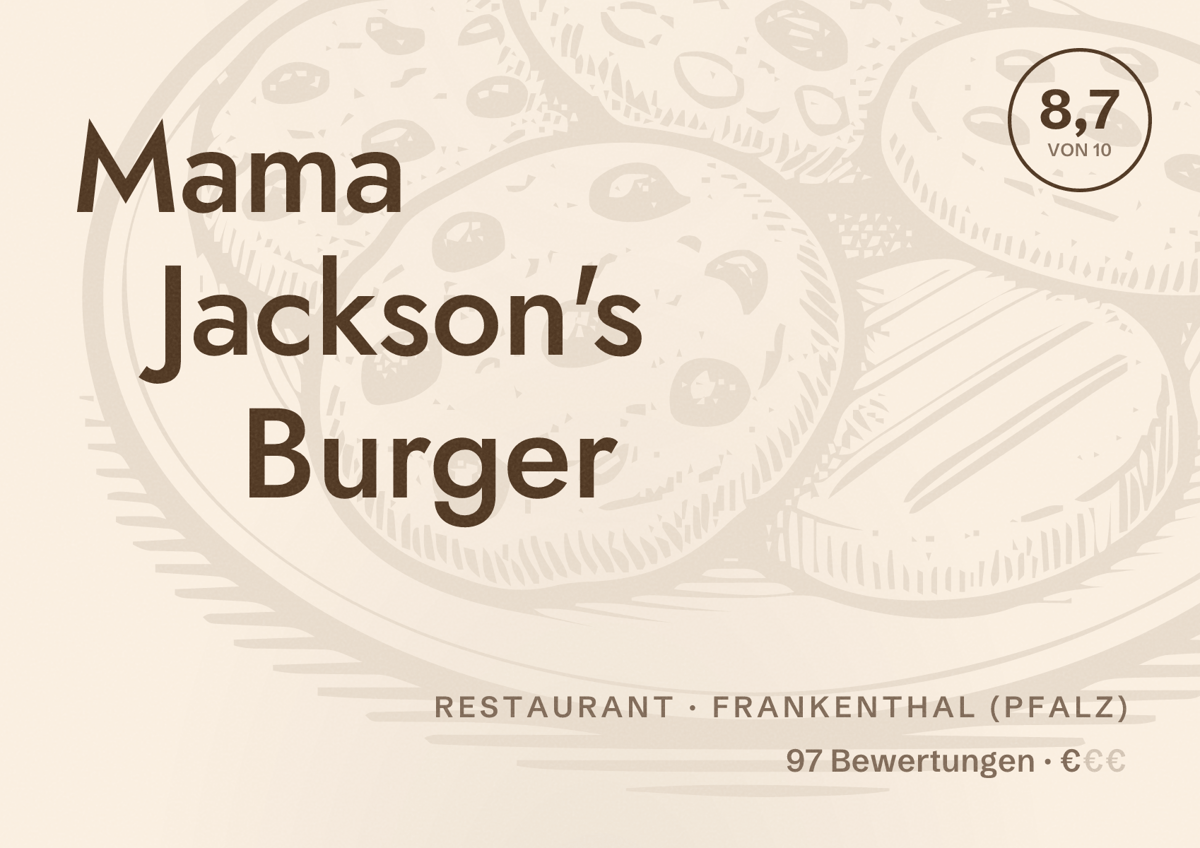 Illustriertes Poster von Mama Jackson's Burger, Restaurant in Frankenthal (Pfalz): Bewertung 8,7 von 10 aus 97 Bewertungen, Preisniveau €