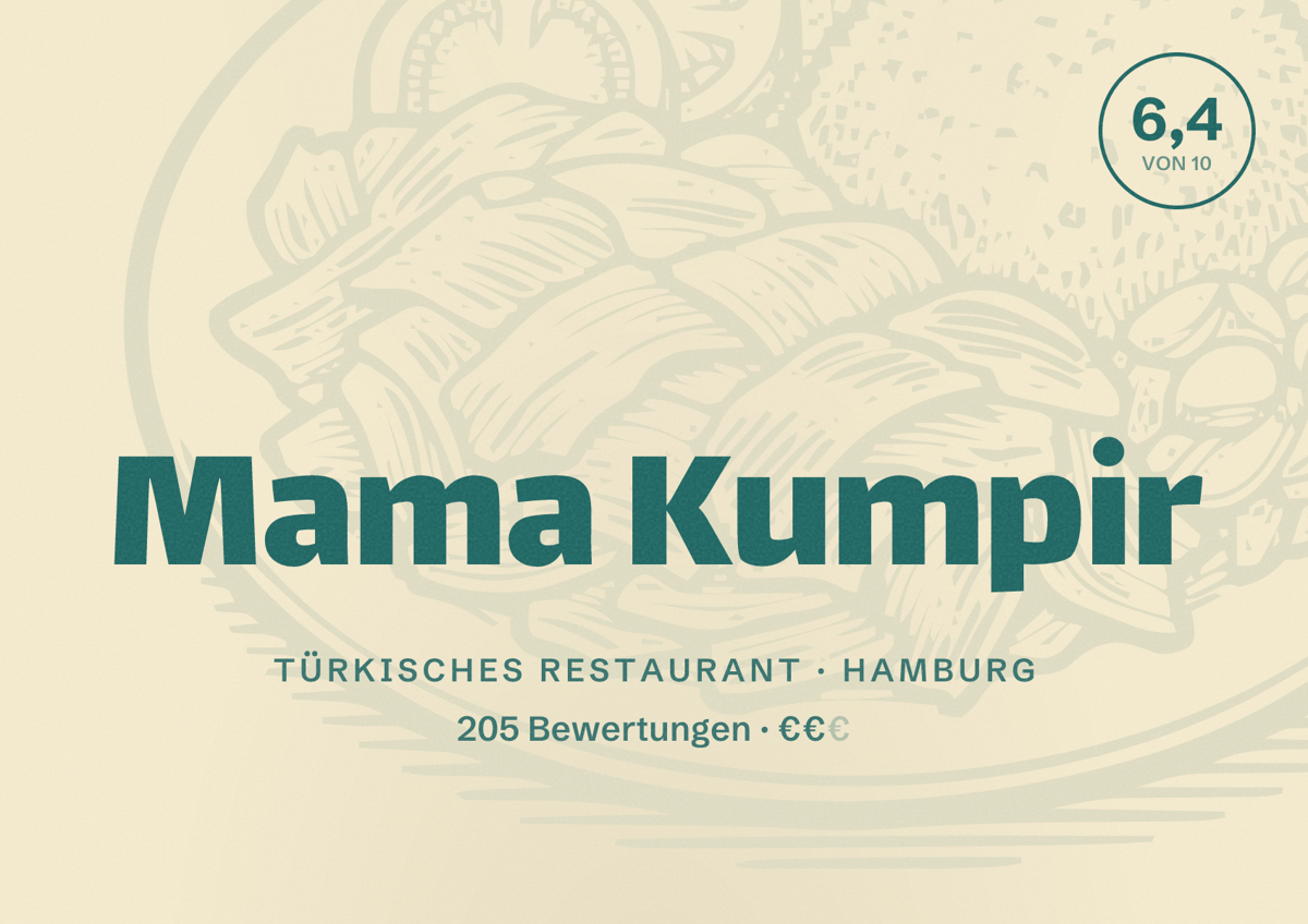Illustriertes Poster von Mama Kumpir, Türkisches Restaurant in Hamburg: Bewertung 6,4 von 10 aus 205 Bewertungen, Preisniveau €€