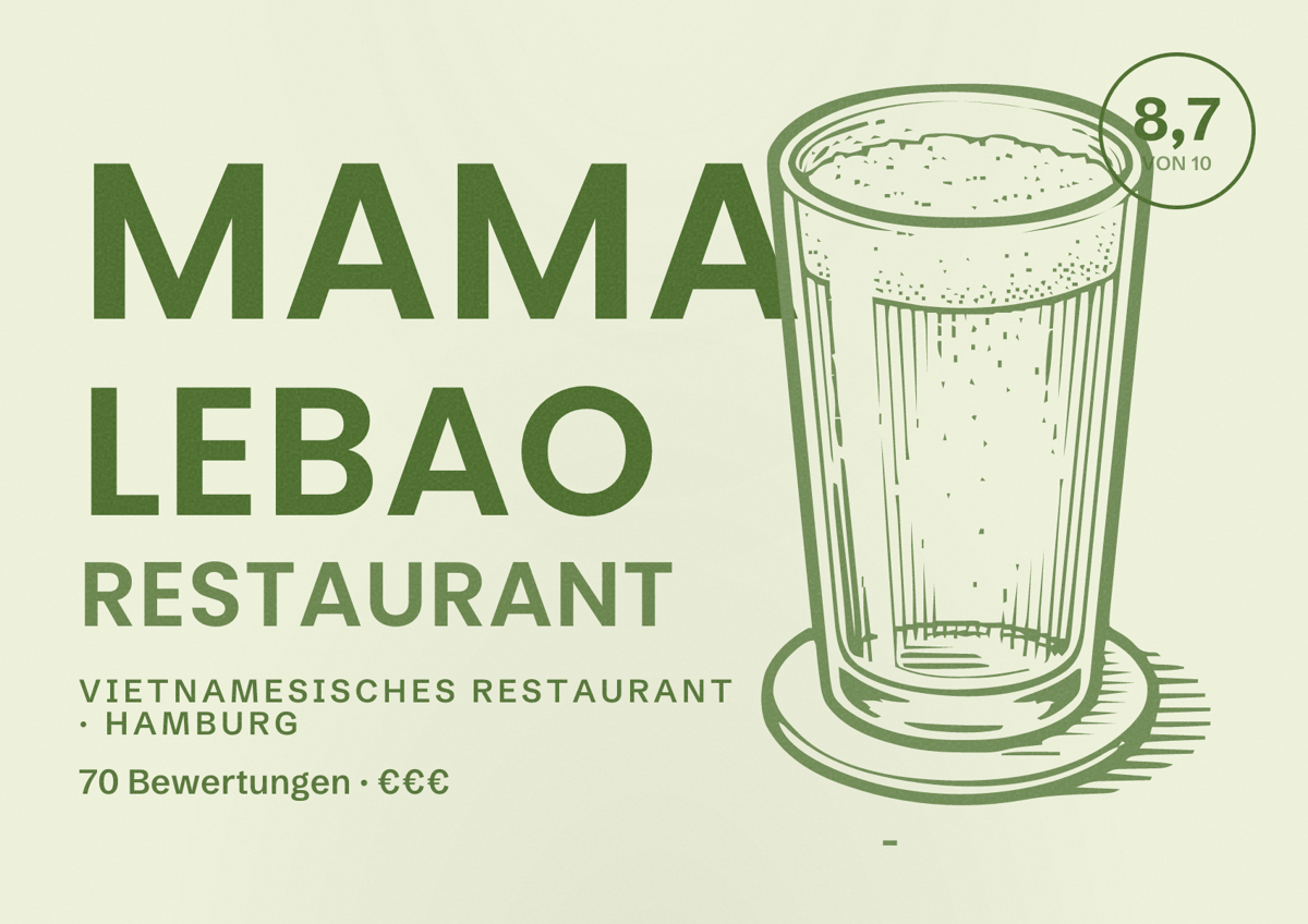 Illustriertes Poster von Mama Lebao Restaurant, Vietnamesisches Restaurant in Hamburg: Bewertung 8,7 von 10 aus 70 Bewertungen, Preisniveau €€€