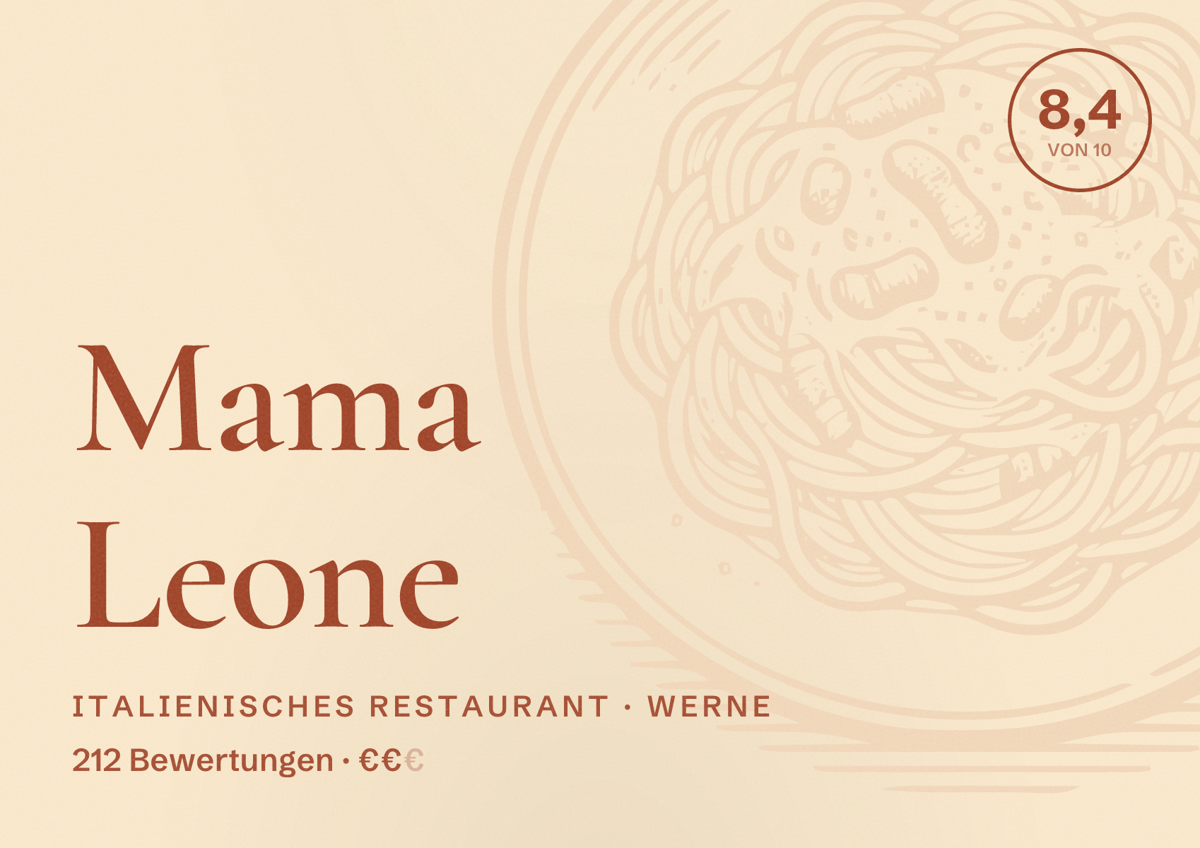 Illustriertes Poster von Mama Leone, Italienisches Restaurant in Werne: Bewertung 8,4 von 10 aus 212 Bewertungen, Preisniveau €€