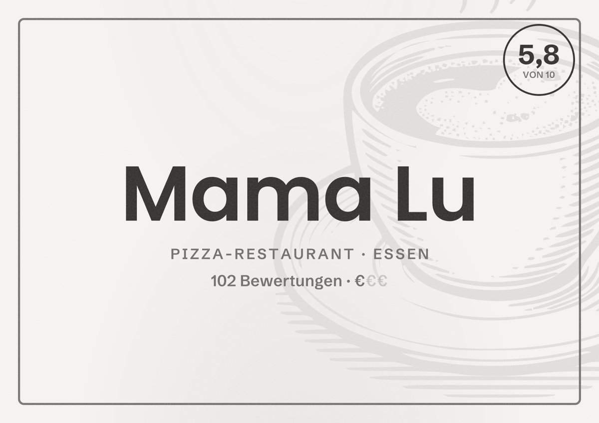 Illustriertes Poster von Mama Lu, Pizza-Restaurant in Essen: Bewertung 5,8 von 10 aus 102 Bewertungen, Preisniveau €