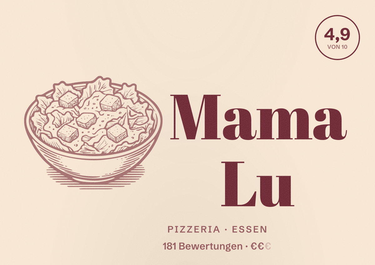 Illustriertes Poster von Mama Lu, Pizzeria in Essen: Bewertung 4,9 von 10 aus 181 Bewertungen, Preisniveau €€