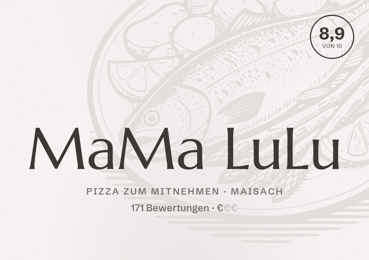 Illustriertes Poster von MaMa LuLu, Pizza zum Mitnehmen in Maisach: Bewertung 8,9 von 10 aus 171 Bewertungen, Preisniveau €