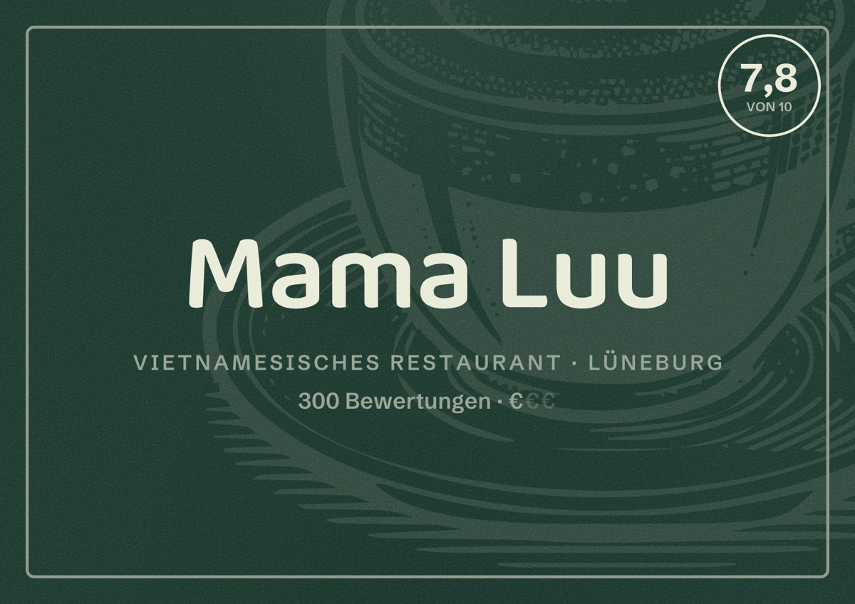 Illustriertes Poster von Mama Luu, Vietnamesisches Restaurant in Lüneburg: Bewertung 7,8 von 10 aus 300 Bewertungen, Preisniveau €