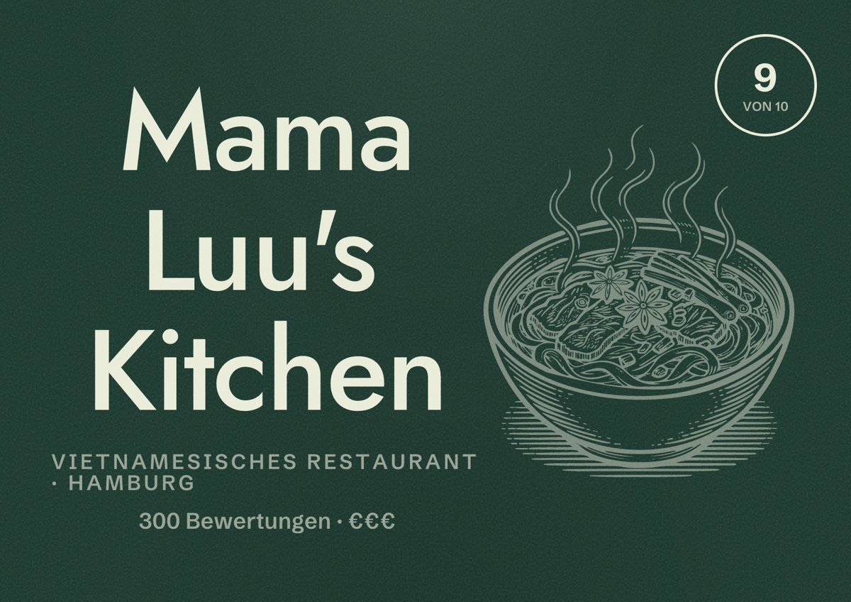 Illustriertes Poster von Mama Luu's Kitchen, Vietnamesisches Restaurant in Hamburg: Bewertung 9,0 von 10 aus 300 Bewertungen, Preisniveau €€€