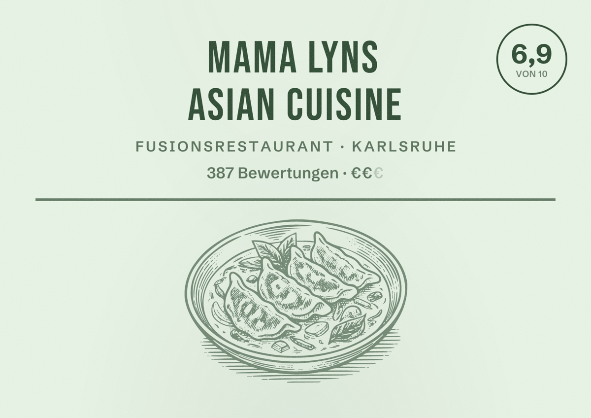 Illustriertes Poster von Mama Lyns Asian Cuisine, Fusionsrestaurant in Karlsruhe: Bewertung 6,9 von 10 aus 387 Bewertungen, Preisniveau €€