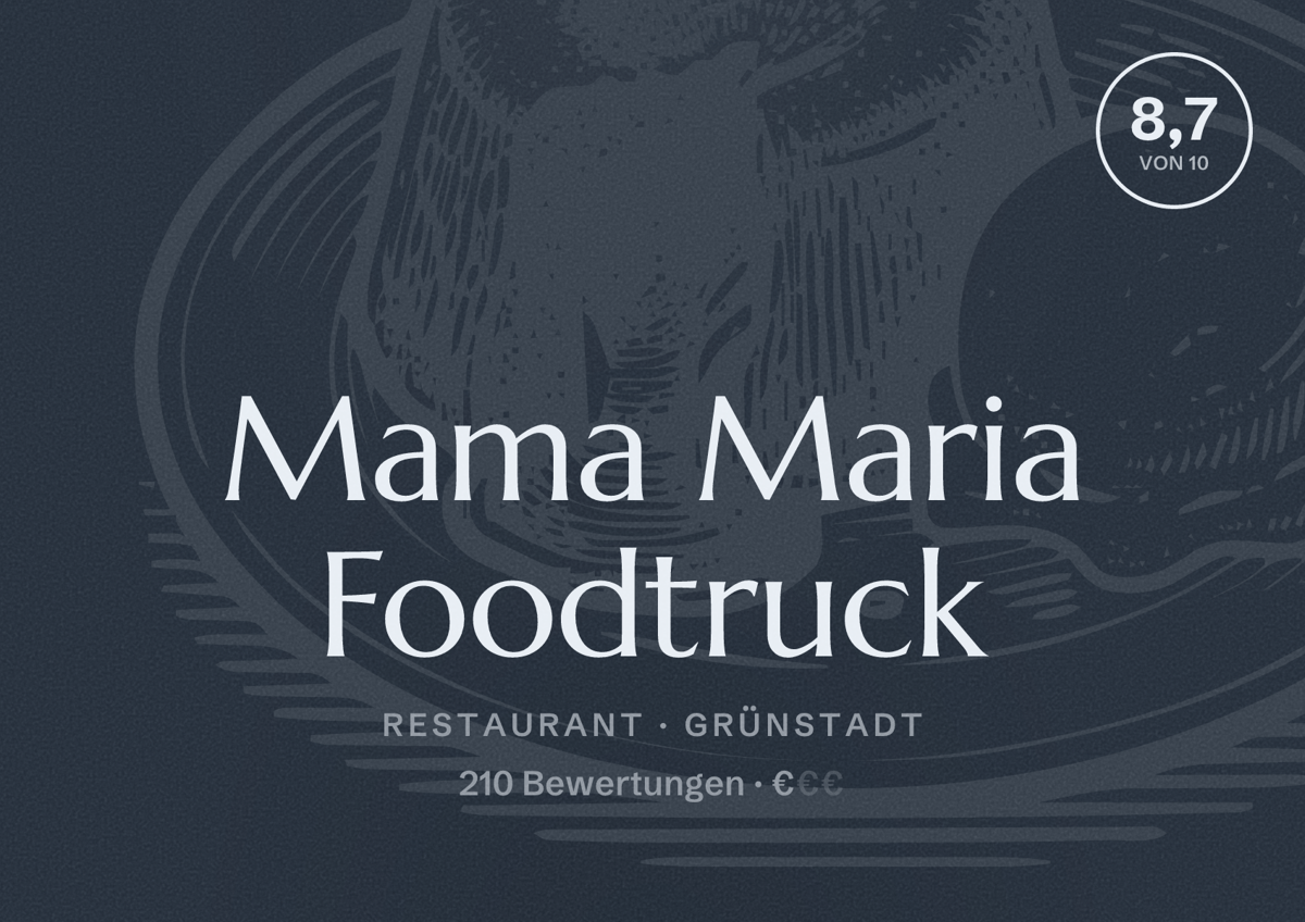 Illustriertes Poster von Mama Maria Foodtruck, Restaurant in Grünstadt: Bewertung 8,7 von 10 aus 210 Bewertungen, Preisniveau €