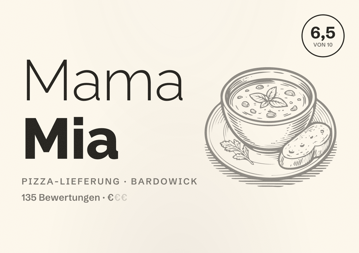 Illustriertes Poster von Mama Mia, Pizza-Lieferung in Bardowick: Bewertung 6,5 von 10 aus 135 Bewertungen, Preisniveau €