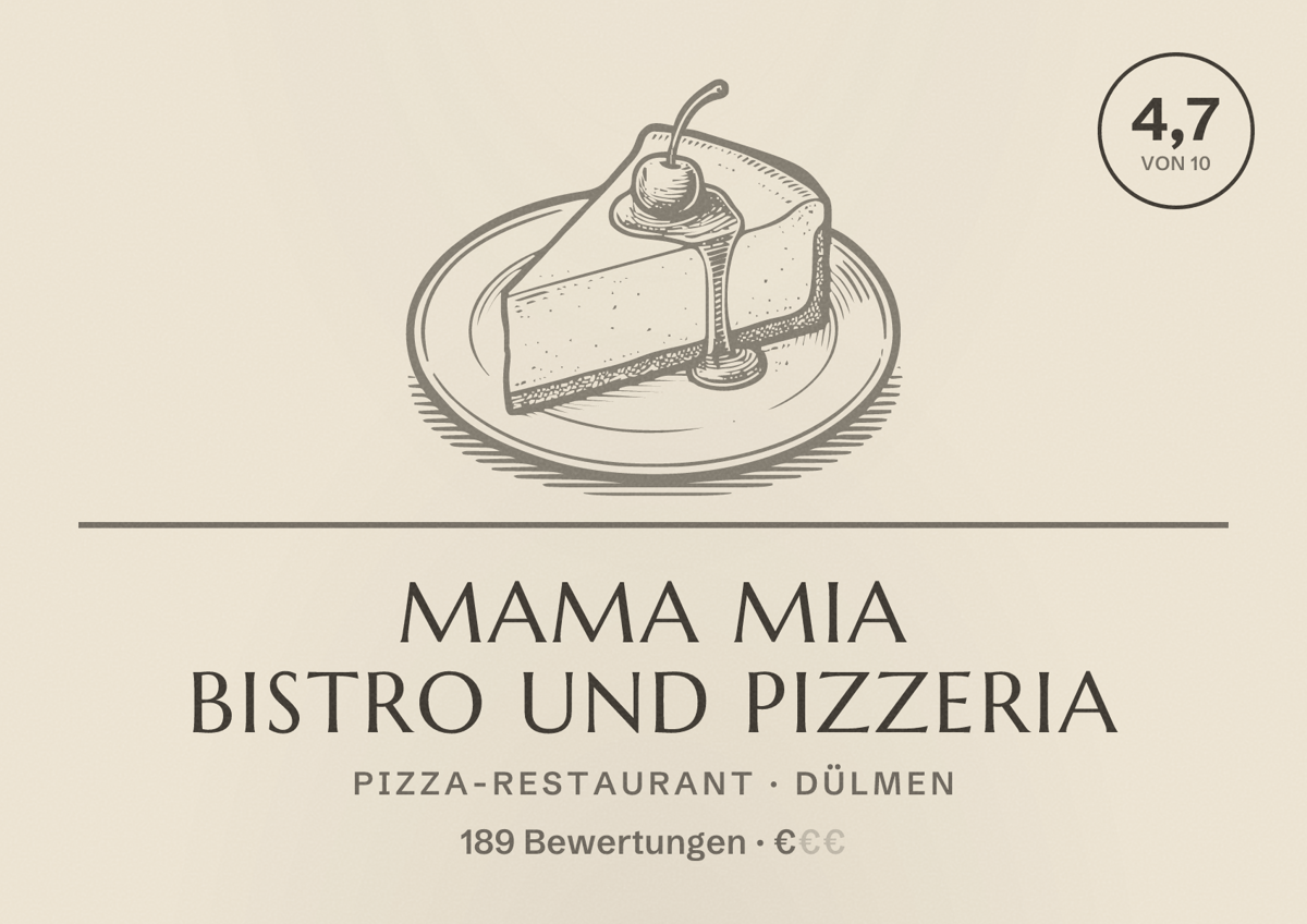 Illustriertes Poster von Mama Mia Bistro und Pizzeria, Pizza-Restaurant in Dülmen: Bewertung 4,7 von 10 aus 189 Bewertungen, Preisniveau €