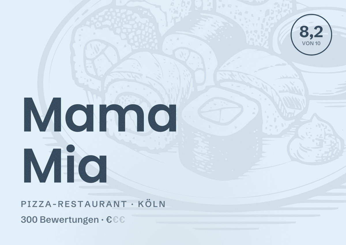 Illustriertes Poster von Mama Mia, Pizza-Restaurant in Köln: Bewertung 8,2 von 10 aus 300 Bewertungen, Preisniveau €