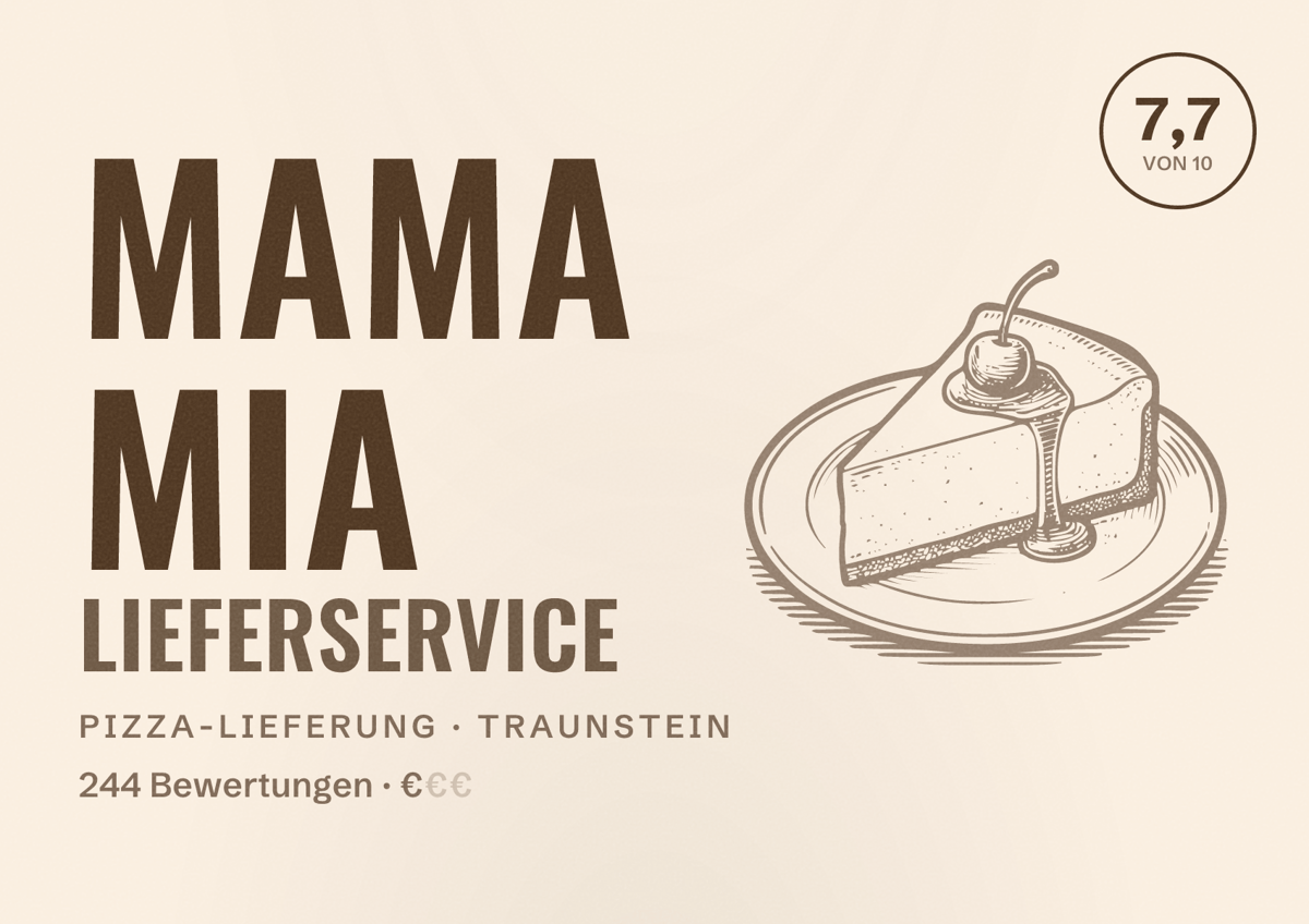 Illustriertes Poster von MAMA MIA Lieferservice, Pizza-Lieferung in Traunstein: Bewertung 7,7 von 10 aus 244 Bewertungen, Preisniveau €