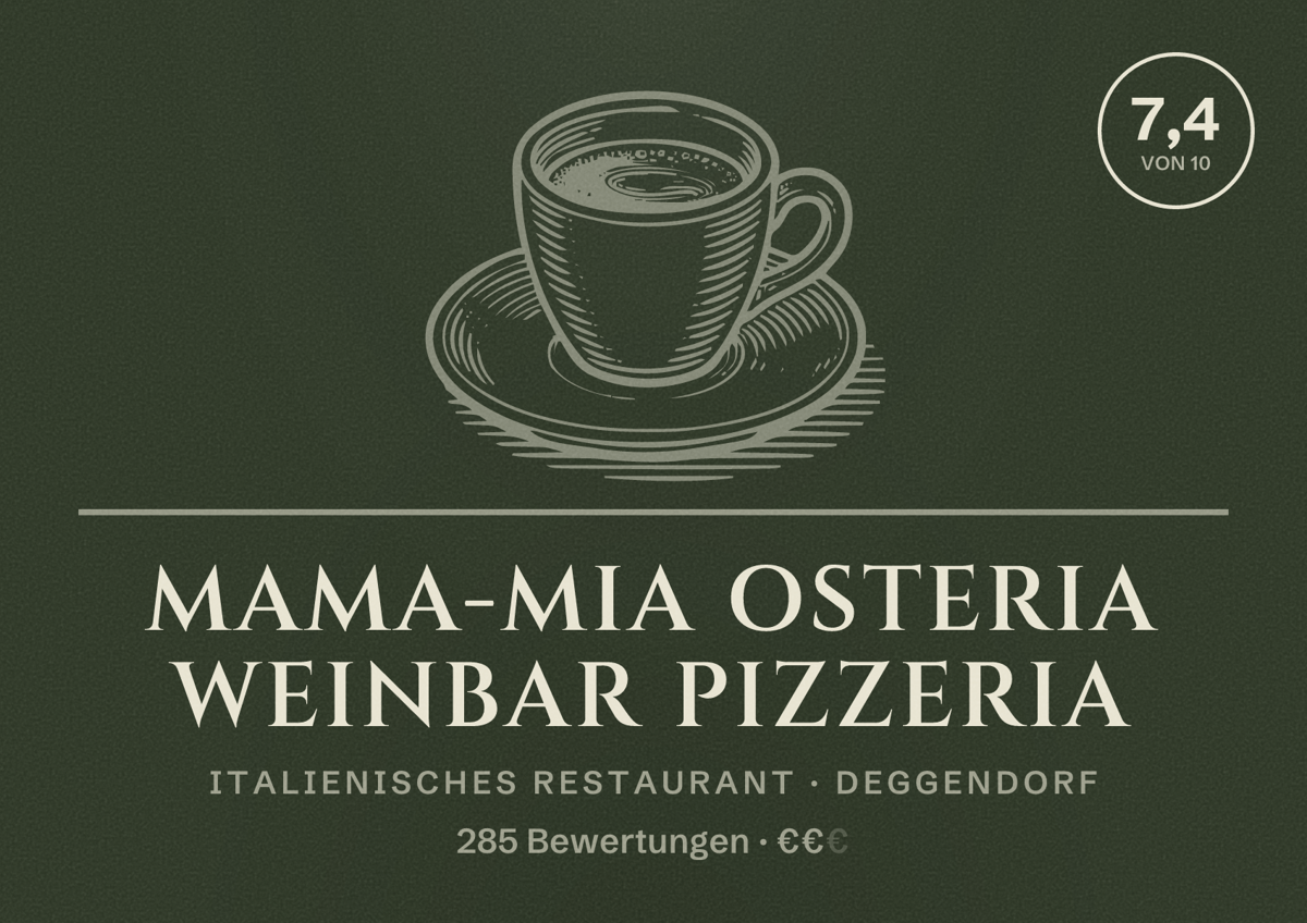 Illustriertes Poster von Mama-Mia Osteria Weinbar Pizzeria, Italienisches Restaurant in Deggendorf: Bewertung 7,4 von 10 aus 285 Bewertungen, Preisniveau €€