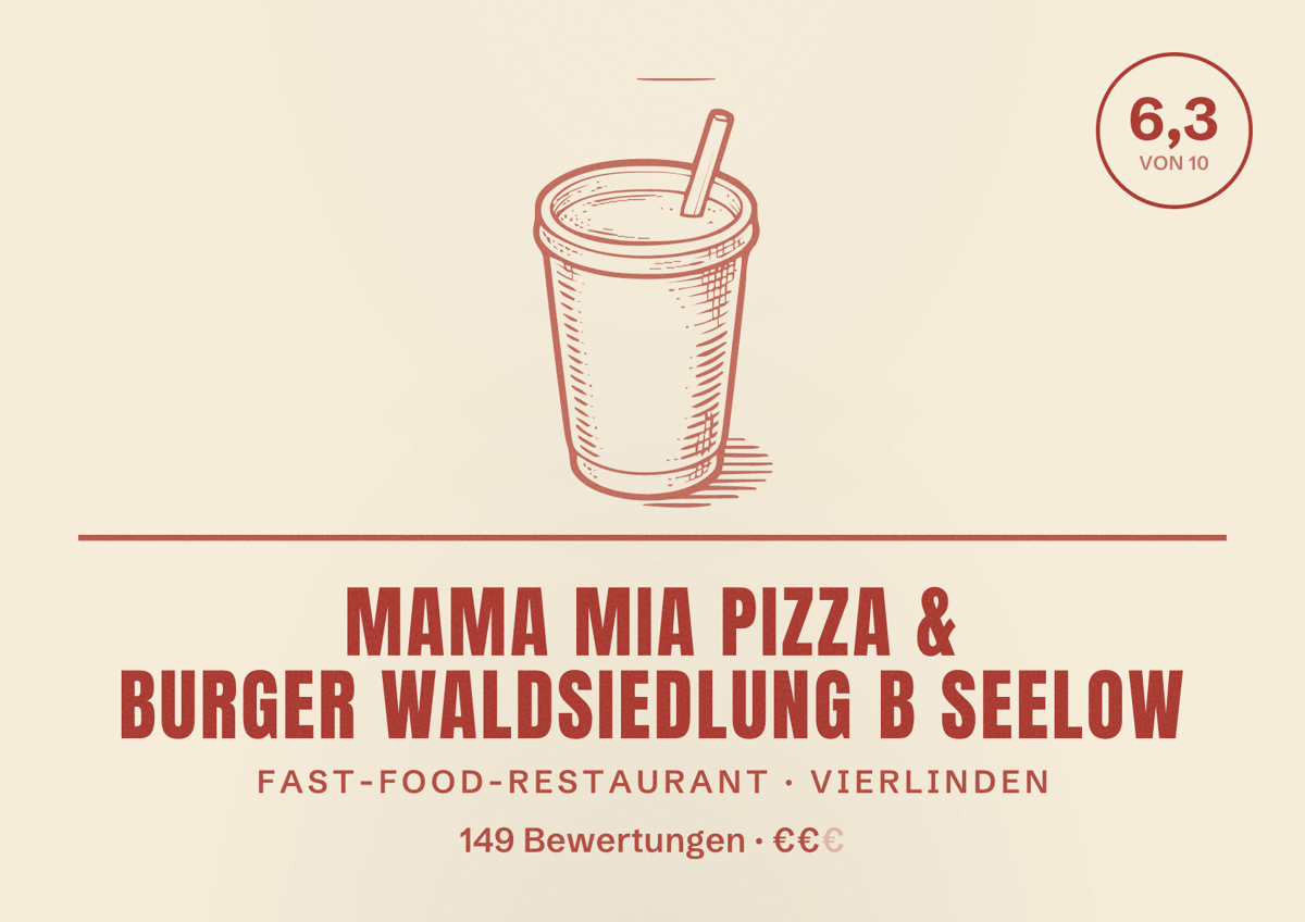 Illustriertes Poster von Mama Mia Pizza & Burger Waldsiedlung b Seelow, Fast-Food-Restaurant in Vierlinden: Bewertung 6,3 von 10 aus 149 Bewertungen, Preisniveau €€