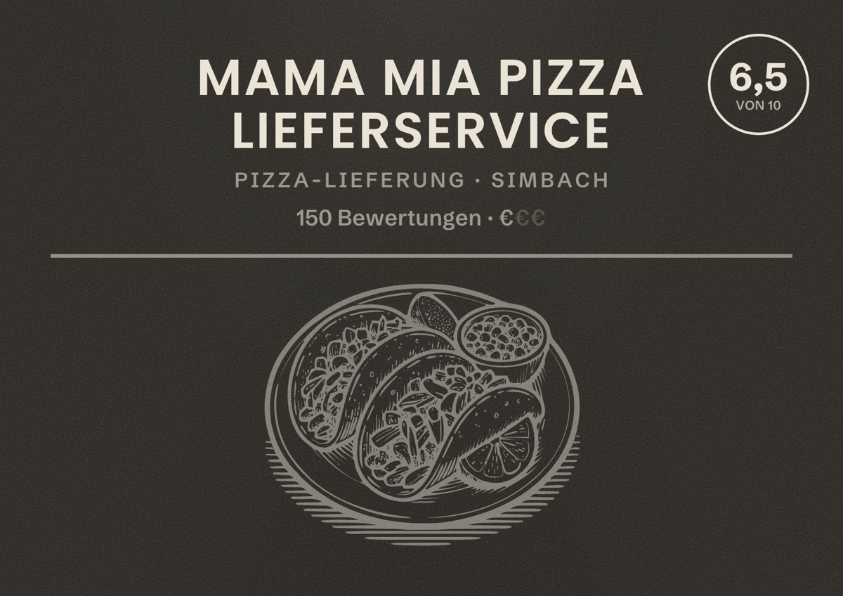 Illustriertes Poster von Mama Mia Pizza Lieferservice, Pizza-Lieferung in Simbach: Bewertung 6,5 von 10 aus 150 Bewertungen, Preisniveau €