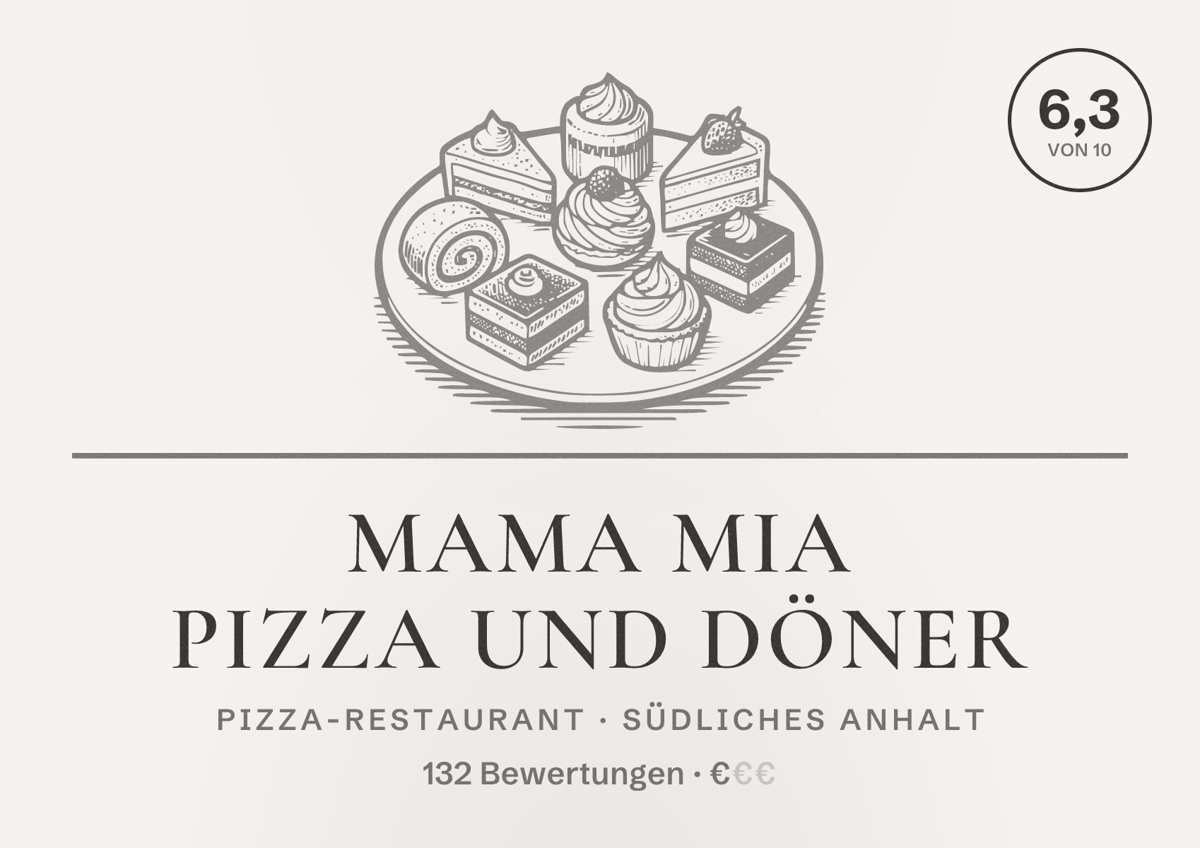 Illustriertes Poster von Mama Mia Pizza und Döner, Pizza-Restaurant in Südliches Anhalt: Bewertung 6,3 von 10 aus 132 Bewertungen, Preisniveau €