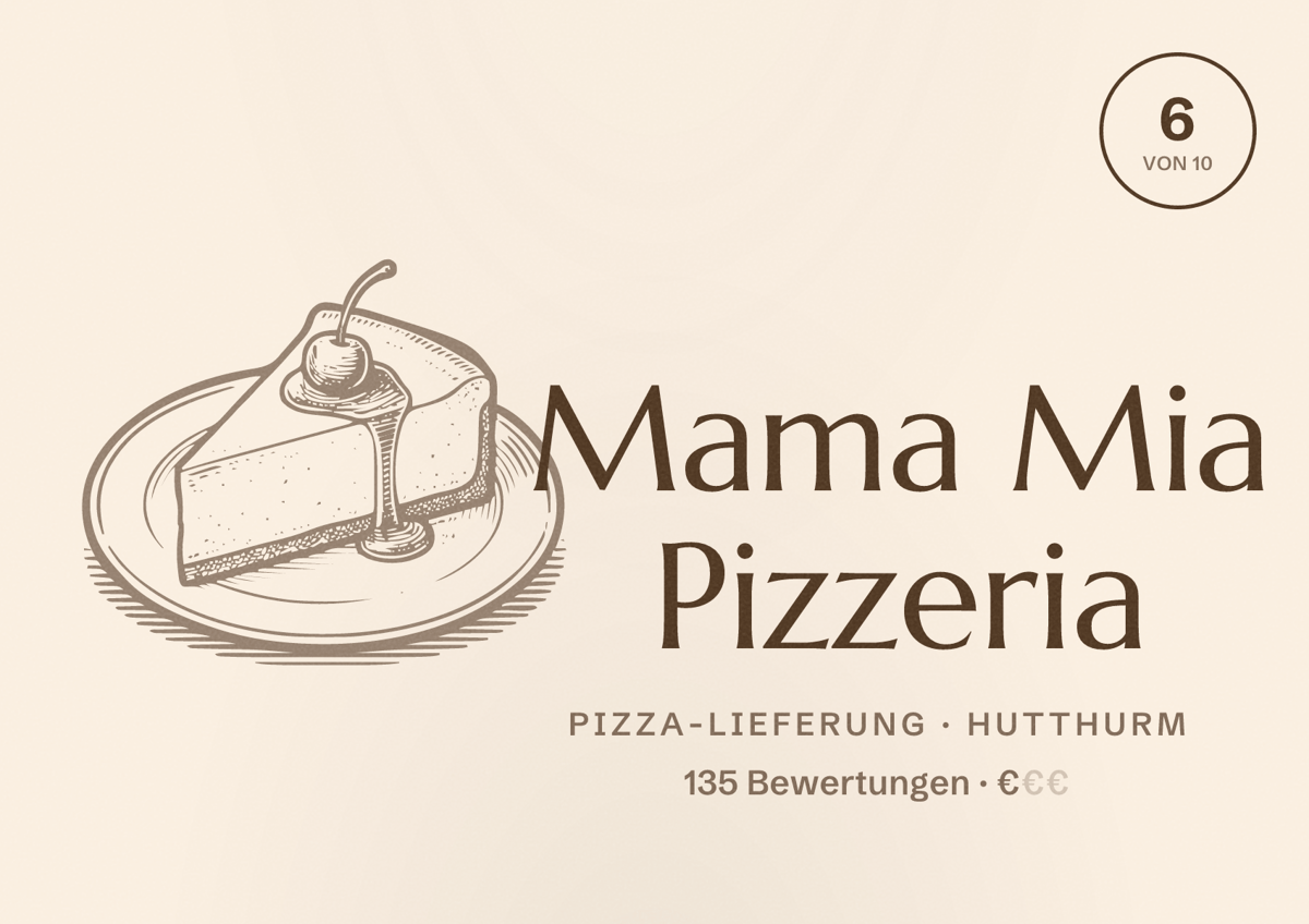Illustriertes Poster von Mama Mia Pizzeria, Pizza-Lieferung in Hutthurm: Bewertung 6 von 10 aus 135 Bewertungen, Preisniveau €