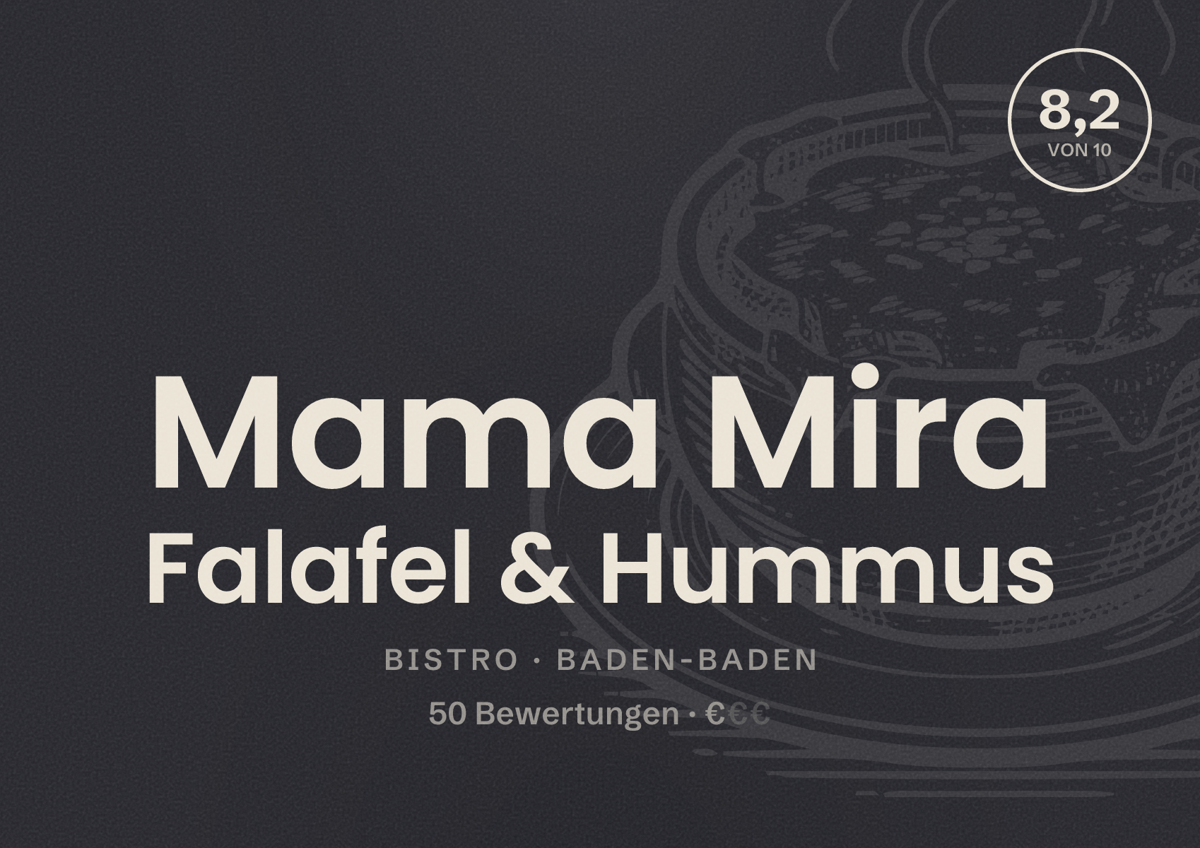 Illustriertes Poster von Mama Mira Falafel & Hummus, Bistro in Baden-Baden: Bewertung 8,2 von 10 aus 50 Bewertungen, Preisniveau €