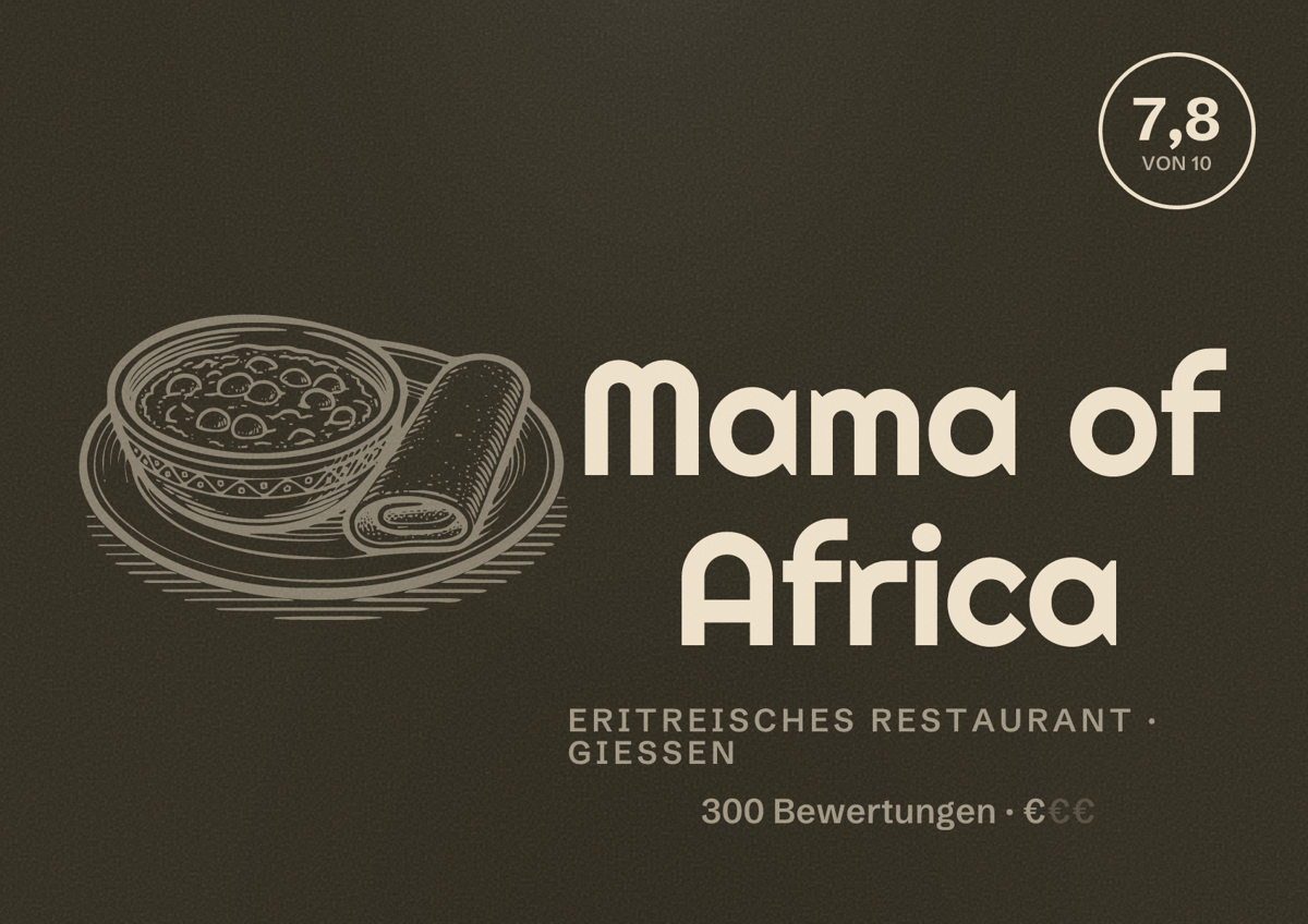Illustriertes Poster von Mama of Africa, Eritreisches Restaurant in Gießen: Bewertung 7,8 von 10 aus 300 Bewertungen, Preisniveau €