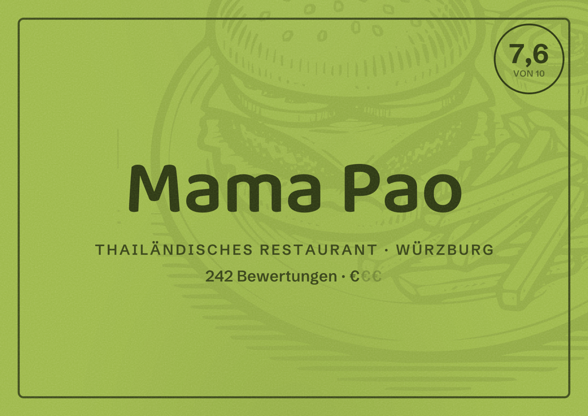 Illustriertes Poster von Mama Pao, Thailändisches Restaurant in Würzburg: Bewertung 7,6 von 10 aus 242 Bewertungen, Preisniveau €