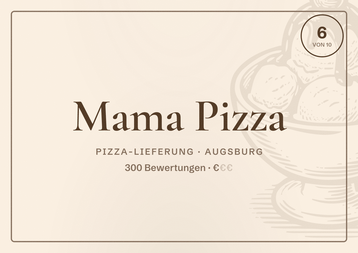 Illustriertes Poster von Mama Pizza, Pizza-Lieferung in Augsburg: Bewertung 6,0 von 10 aus 300 Bewertungen, Preisniveau €